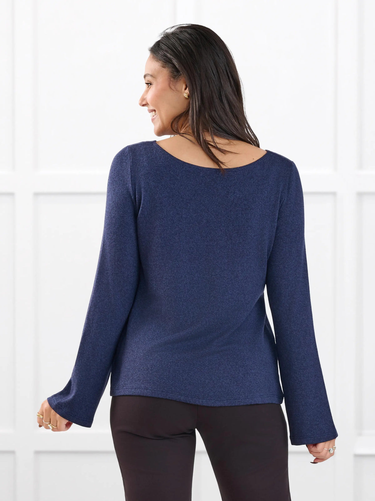 Irma lightweight sweater knit boatneck top for women in Midnight blue on model Meron, size XS @Meron-XS