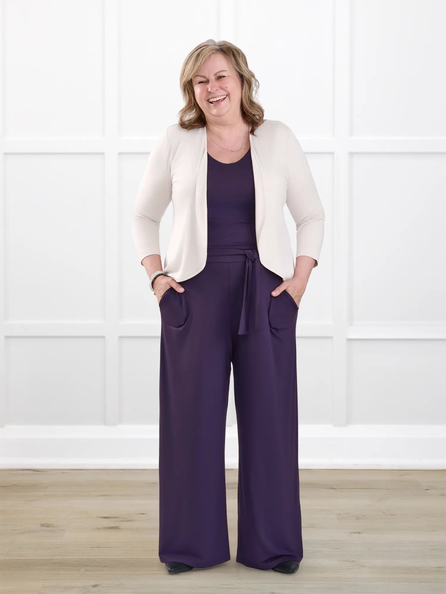 Janelle open back wide leg jumpsuit for women in Aubergine on model Deb, size XL Regular @Deb-XL-regular