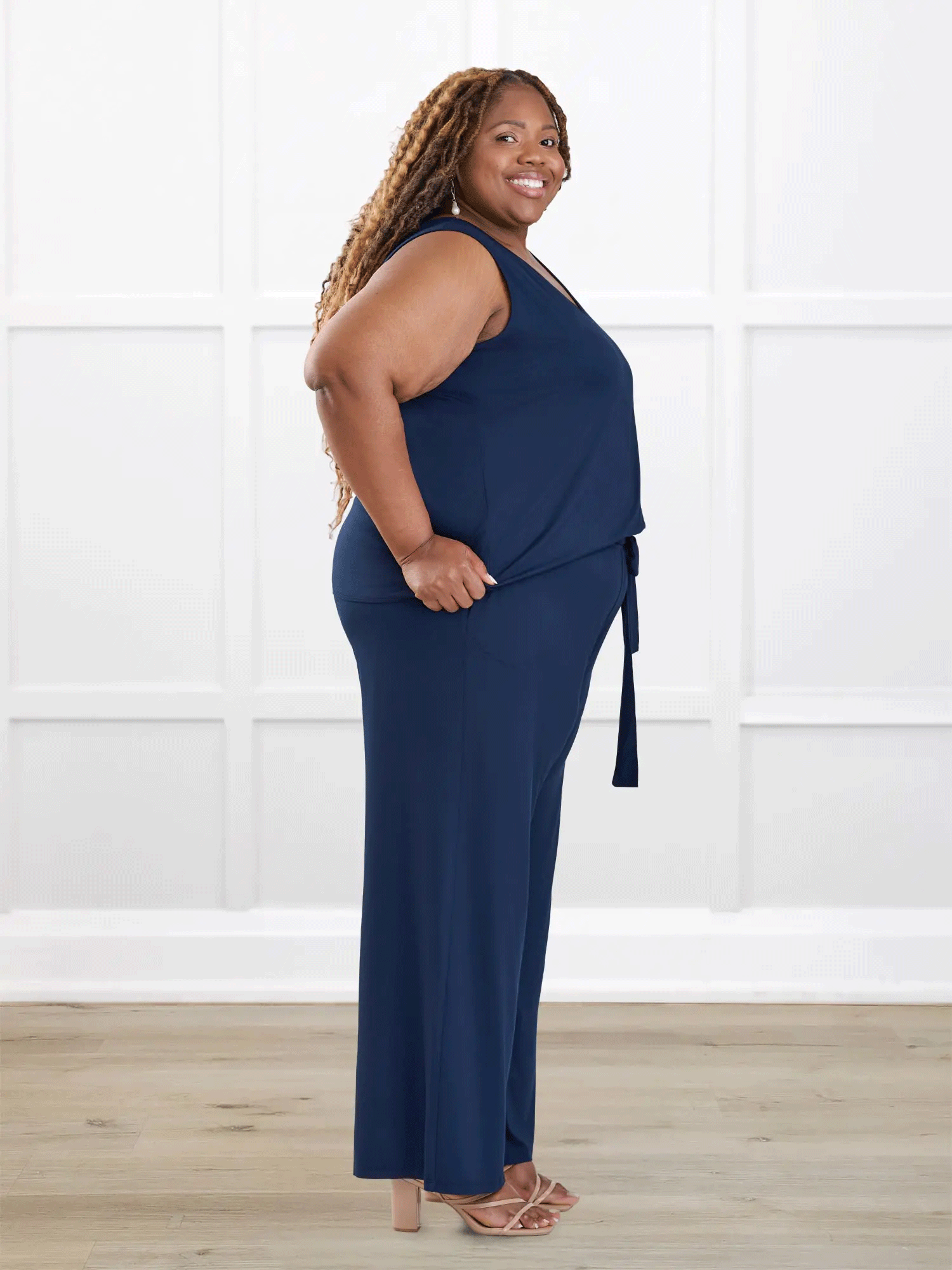 Janelle open back wide leg jumpsuit for women in Navy on model Kimesha, size 3X @Kimesha-3X