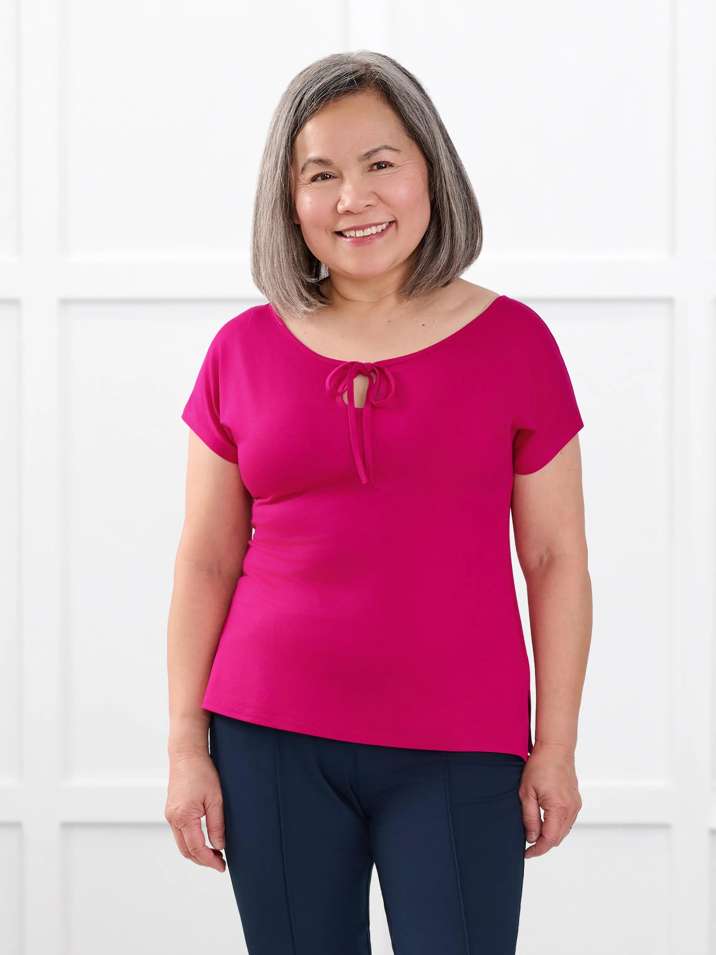 Josette reversible neckline keyhole dolman top for women in Dragon fruit on model Terry, size S Petite @Terry-S-petite