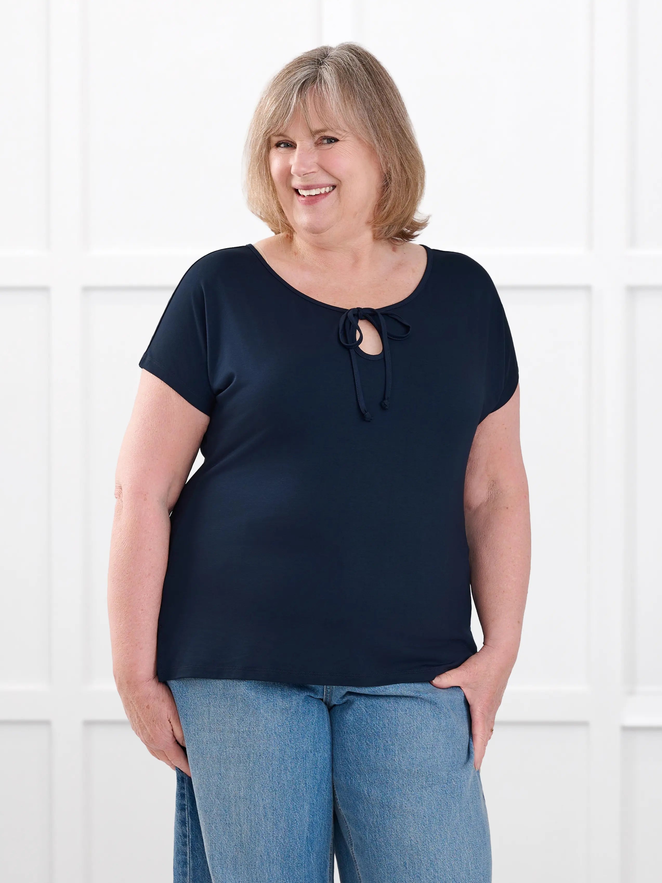 Josette reversible neckline keyhole dolman top for women in Navy on model Laurie, size XXL Regular @Laurie-XXL-regular
