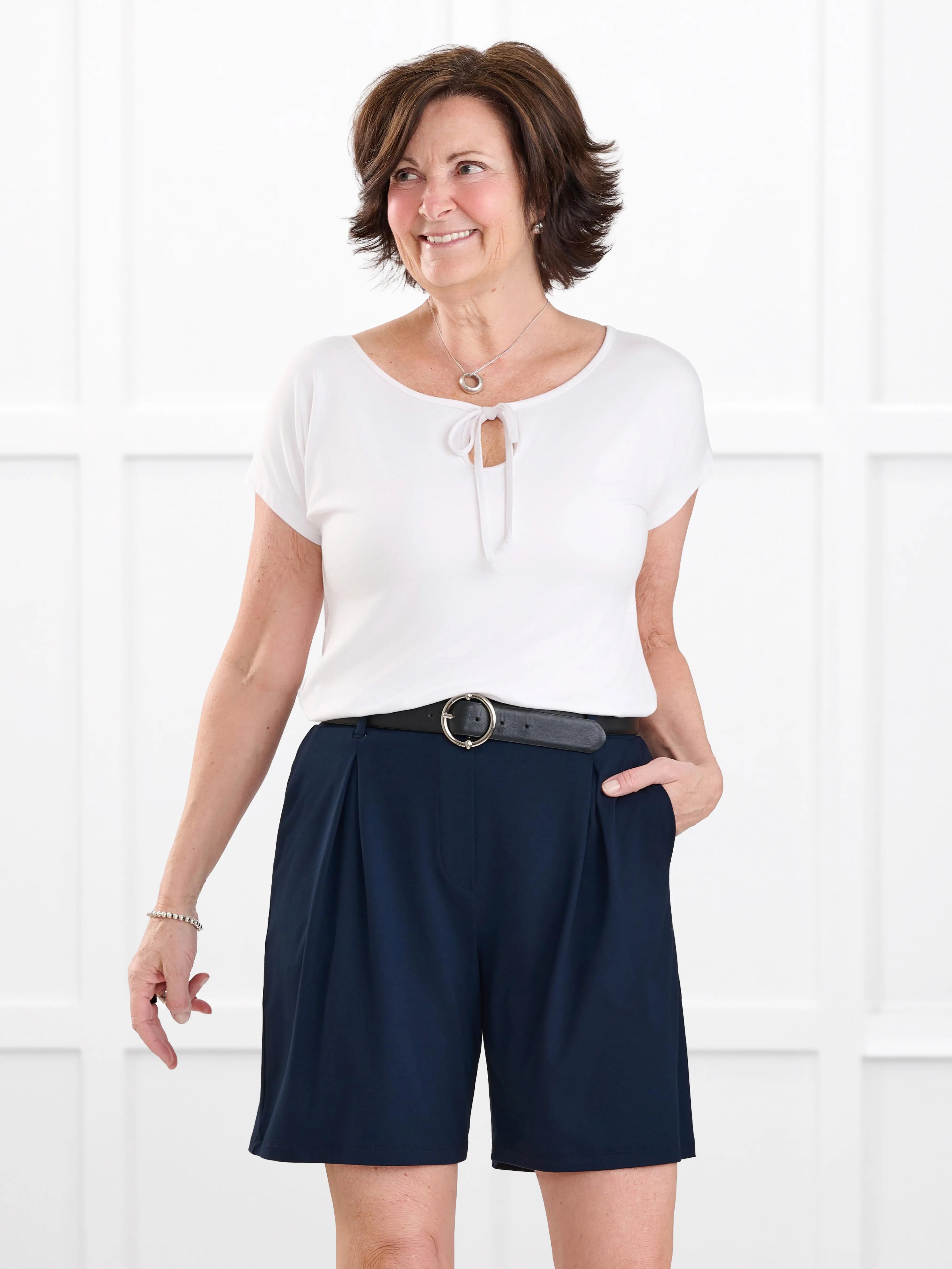 Josette reversible neckline keyhole dolman top for women in White on model Donna, size S Regular @Donna-S-regular