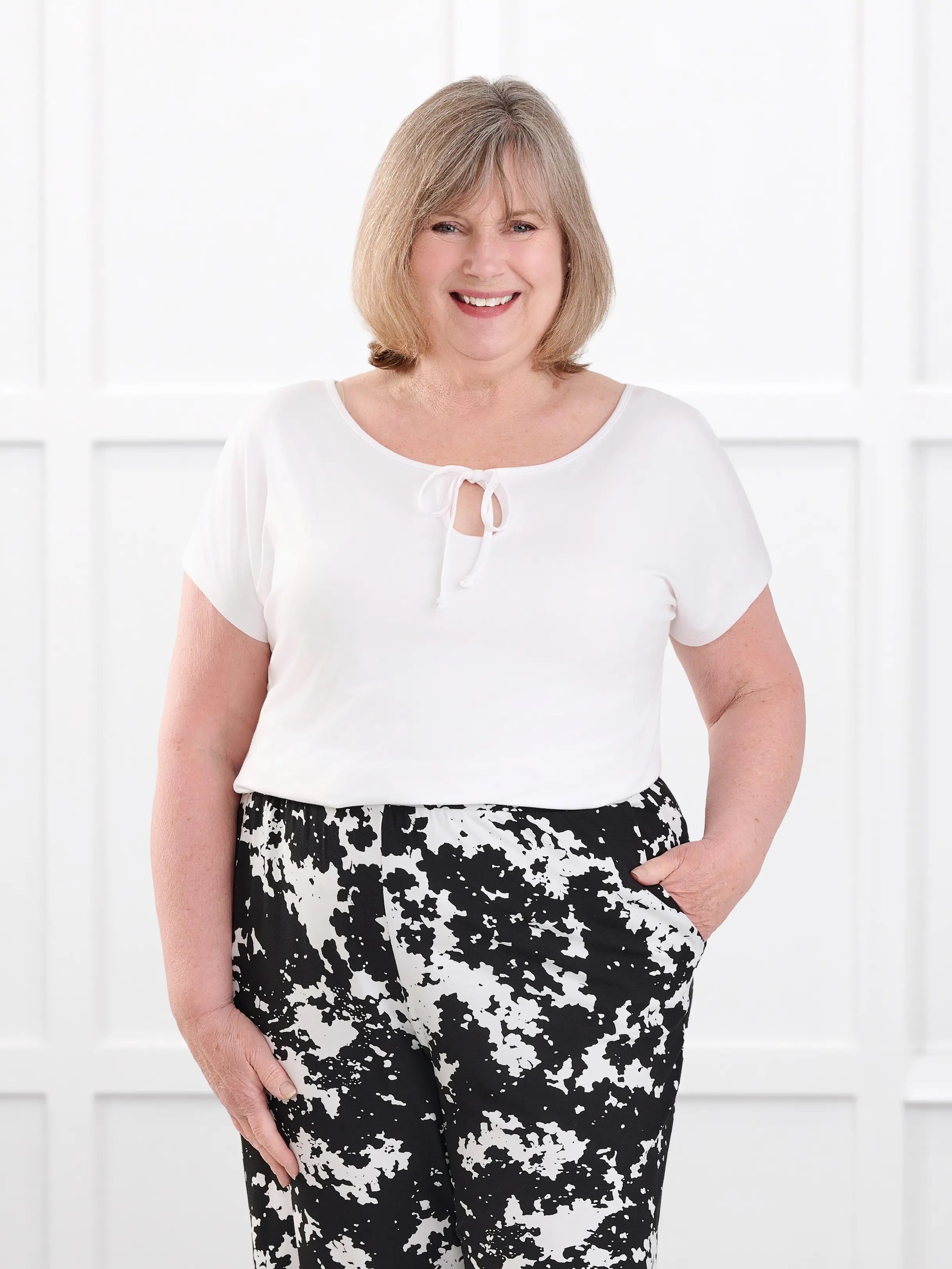 Josette reversible neckline keyhole dolman top for women in White on model Laurie, size XXL Regular @Laurie-XXL-regular