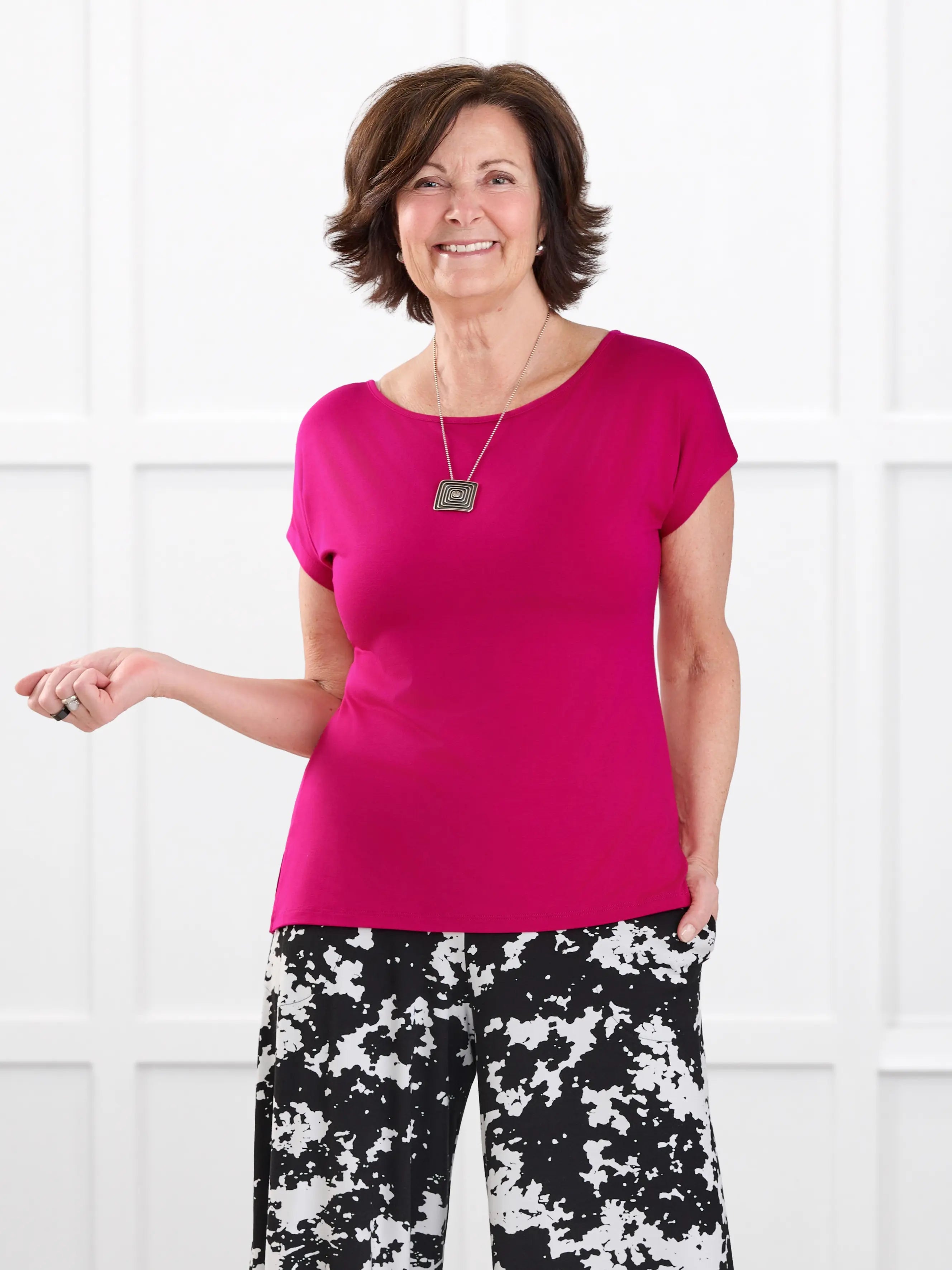Josette reversible neckline keyhole dolman top for women in Dragon fruit on model Donna, size S Regular @Donna-S-regular