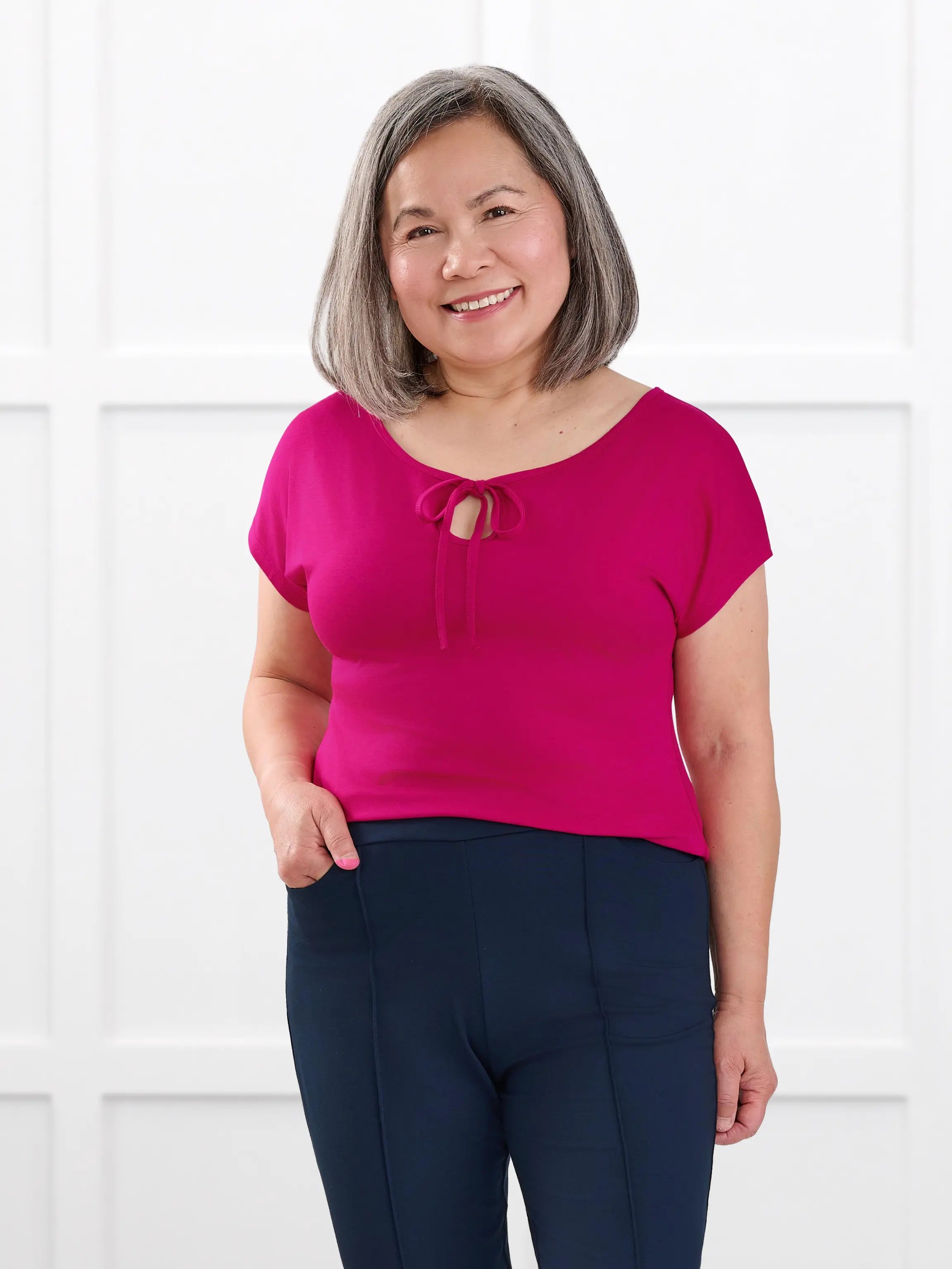 Josette reversible neckline keyhole dolman top for women in Dragon fruit on model Terry, size S Petite @Terry-S-petite