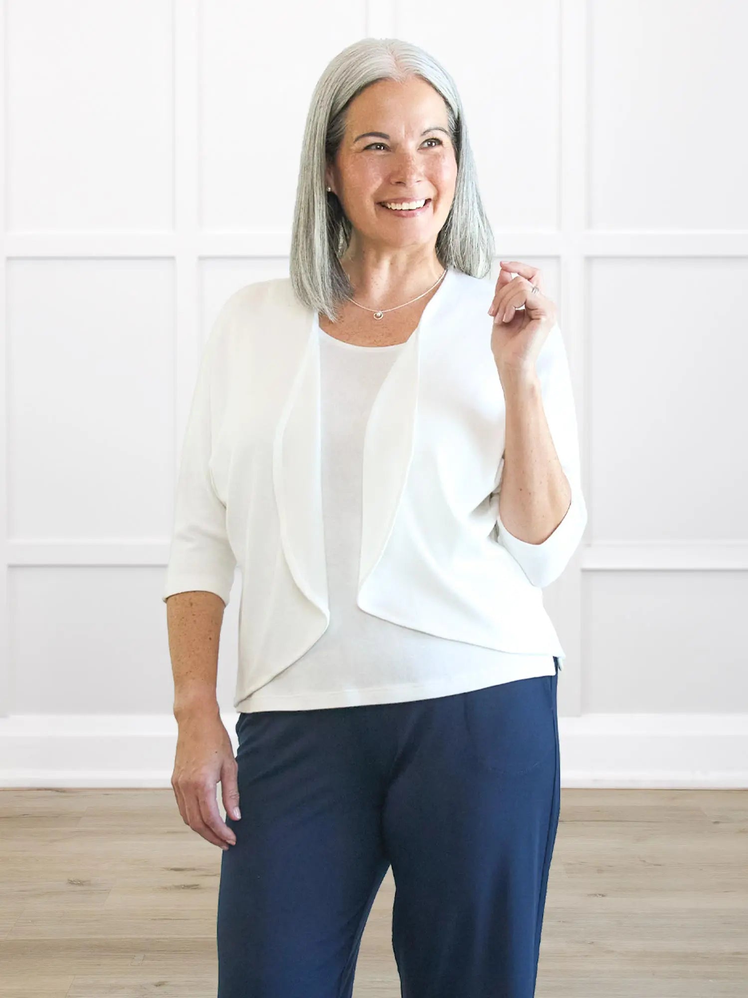 Jovi sweater knit bolero cardigan 00 in Ivory on model Kerri, size S @Kerri-S