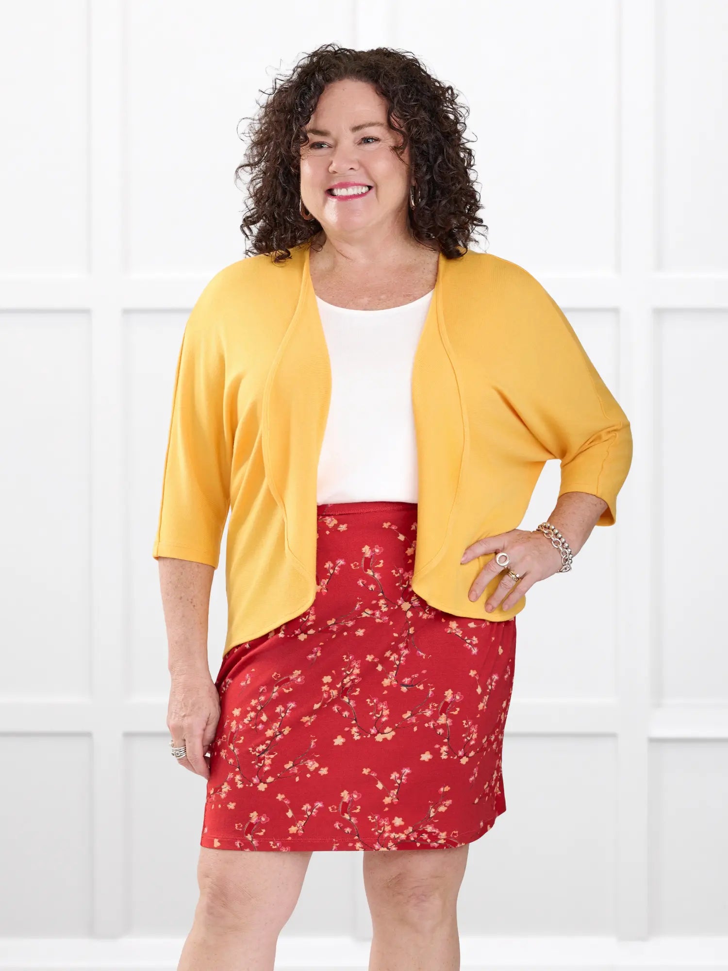 Jovi sweater knit bolero cardigan for women in Daffodil on model Kerri, size M @Kerri-M
