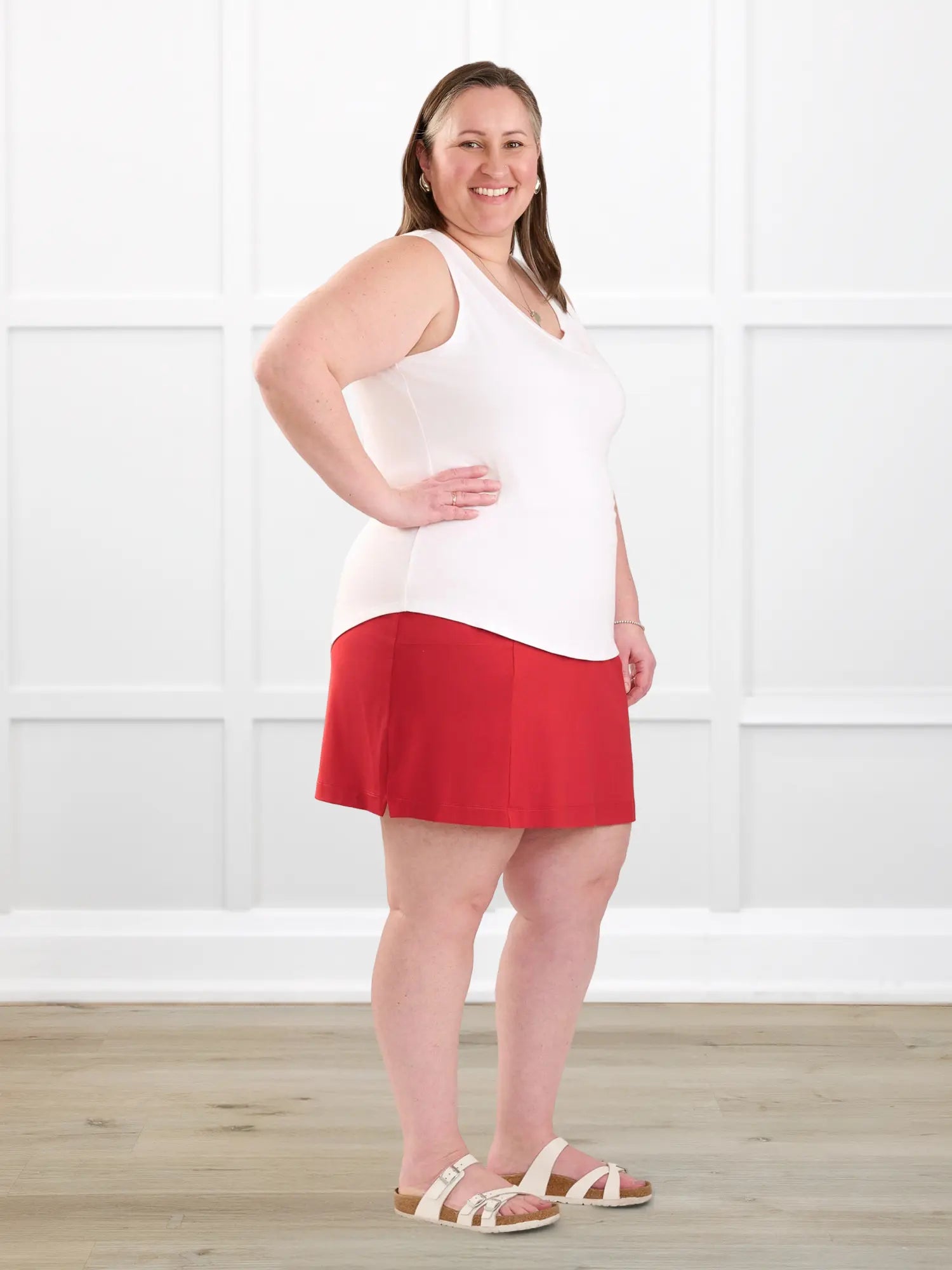 Jules v neck sleeveless top for women in White on model Cristina, size XXL @Cristina-XXL