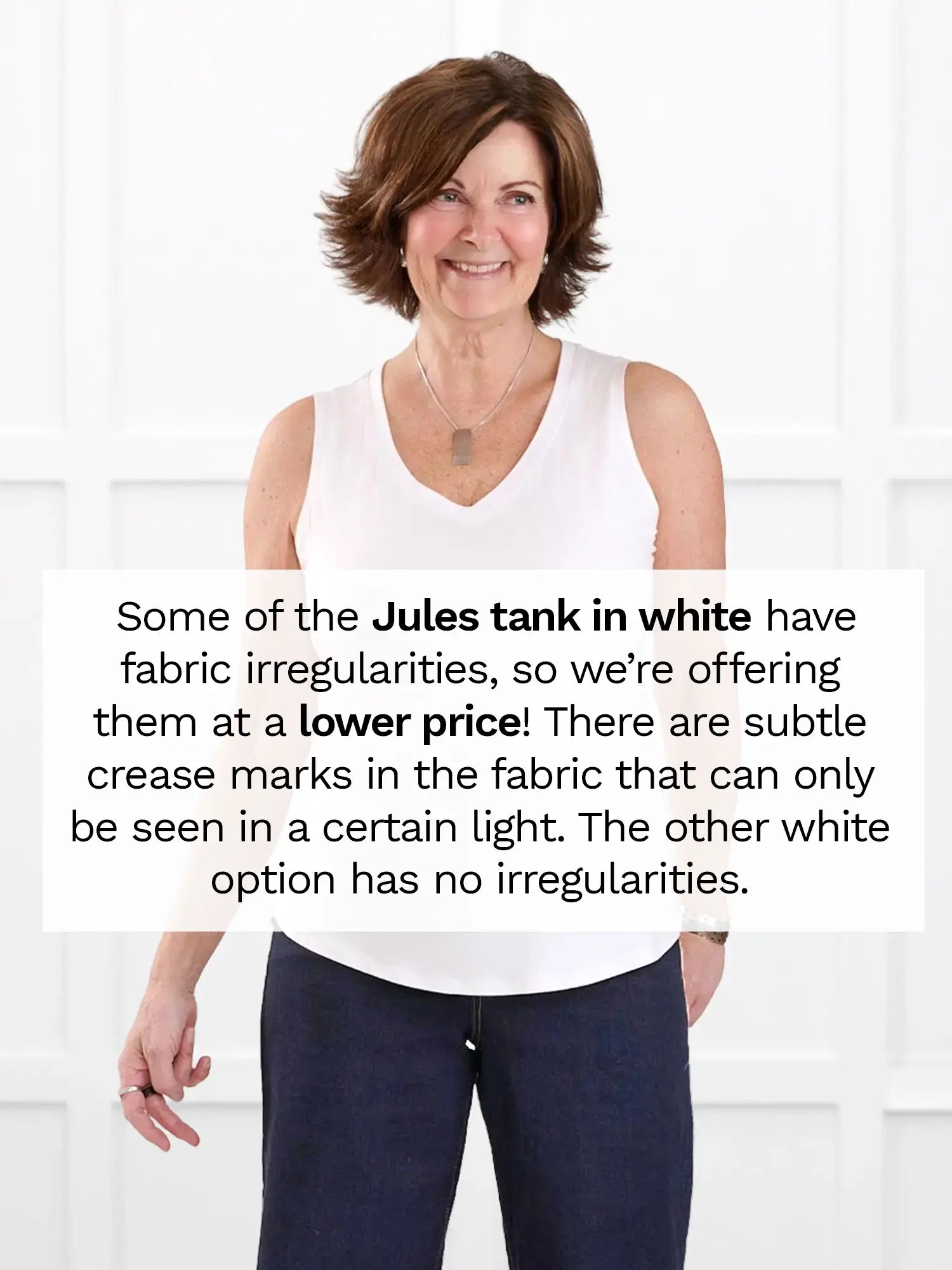 Jules v neck sleeveless top for women in White fabric irregular on model Donna, size S @Donna-S