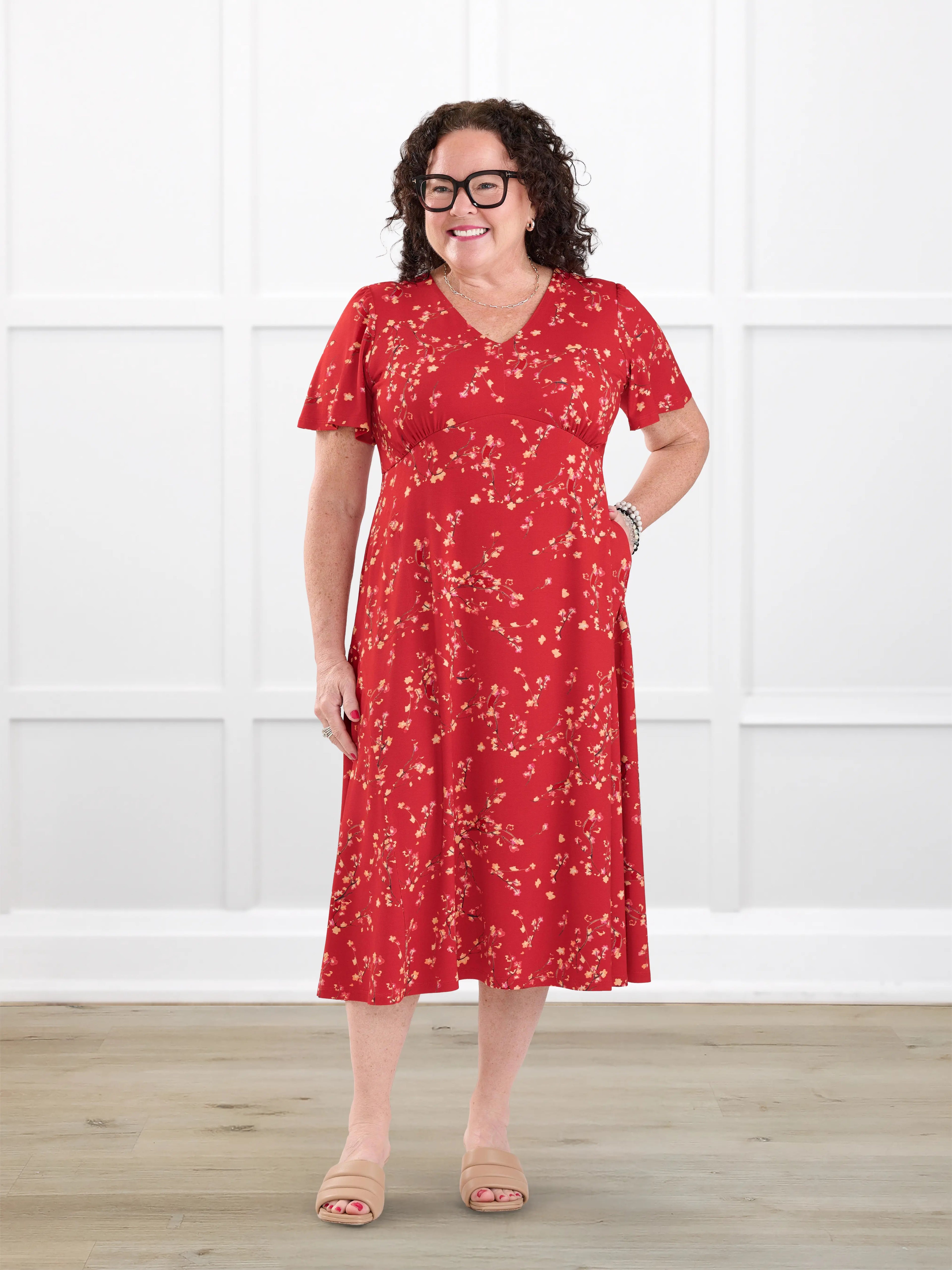 Juliana flutter sleeve midi dress for women in Chili blossom on model Kerri, size M Petite @Kerri-M-petite