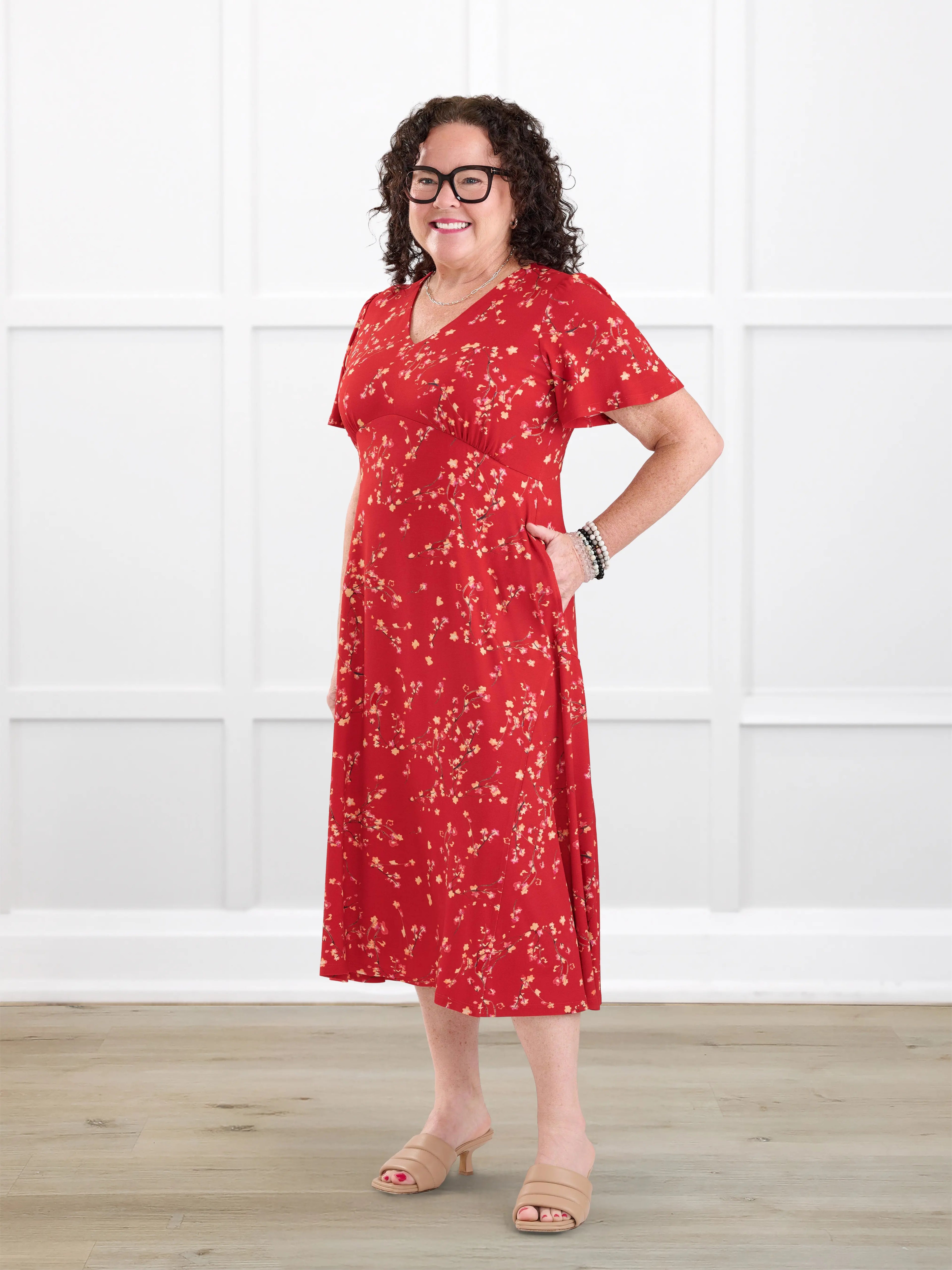 Juliana flutter sleeve midi dress for women in Chili blossom on model Kerri, size M Petite @Kerri-M-petite