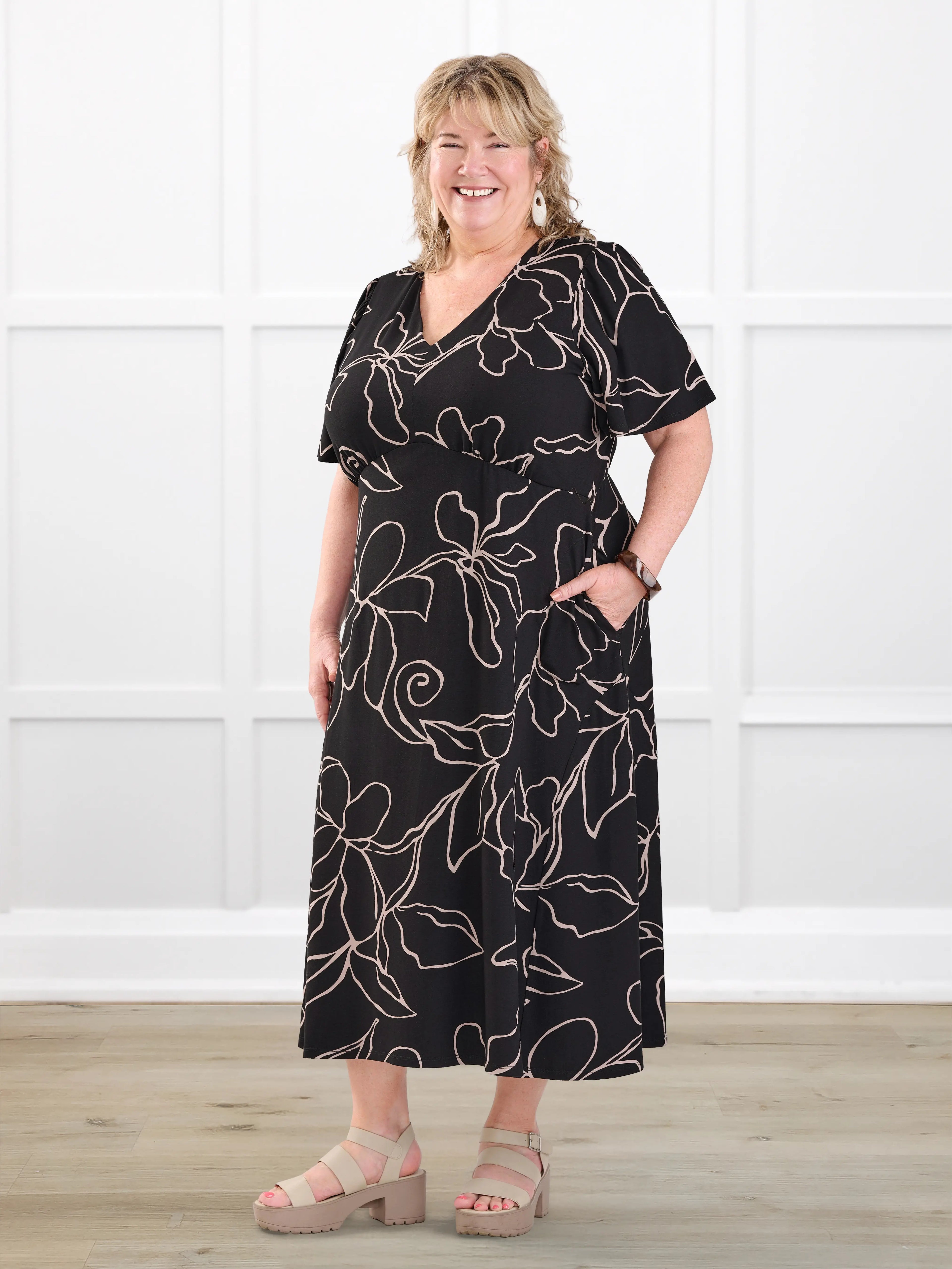 Juliana flutter sleeve midi dress for women in Contour floral on model Kelly, size 3X @Kelly-3x