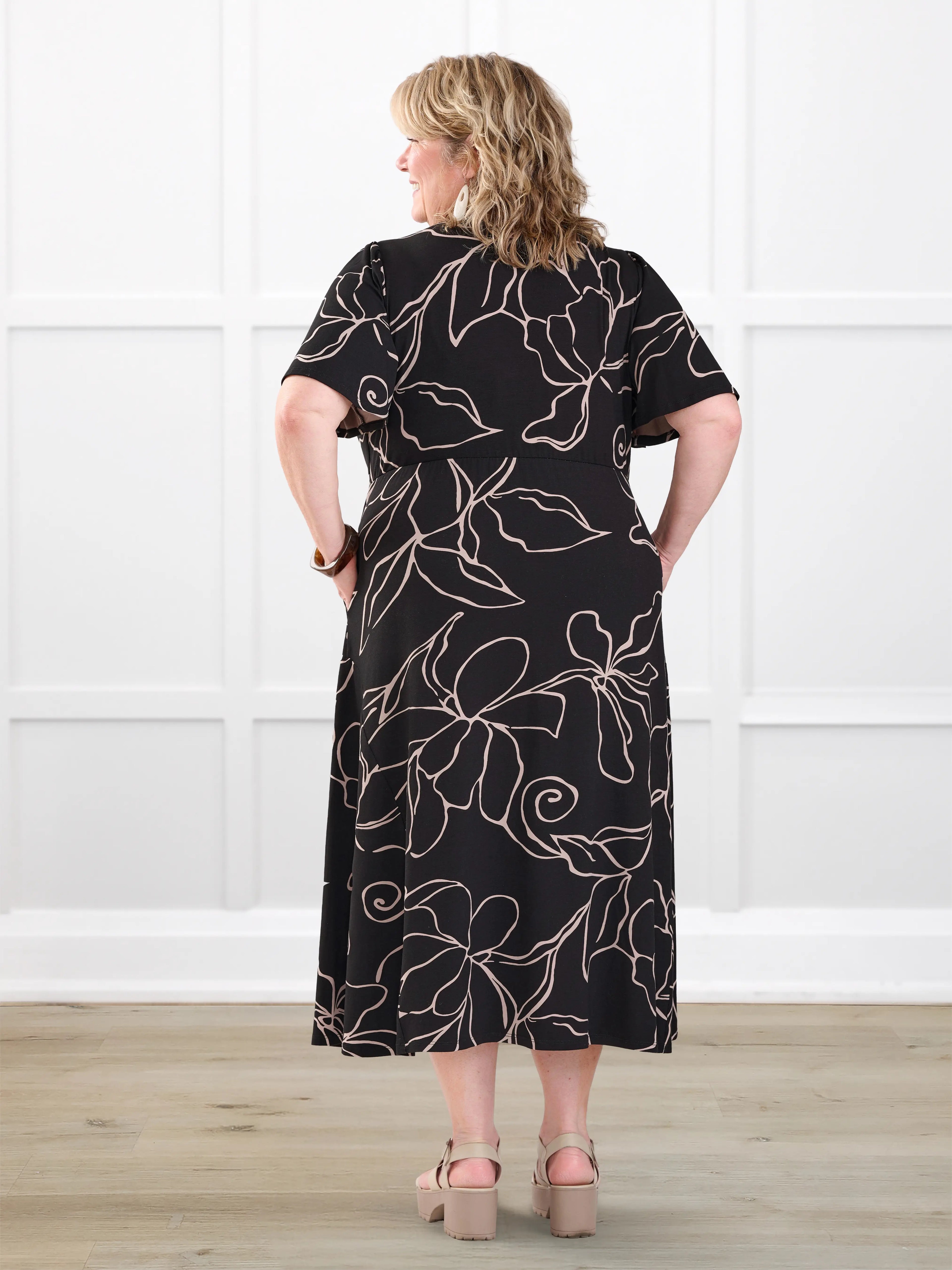 Juliana flutter sleeve midi dress for women in Contour floral on model Kelly, size 3X @Kelly-3x