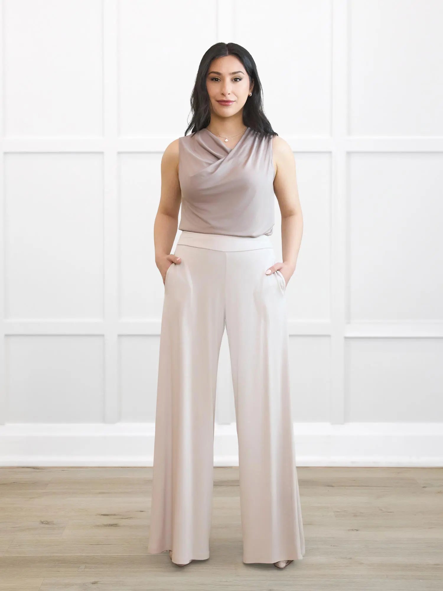 Kaleo high waisted wide leg pant for women 00 in Sandstone on model Yasmine, size XS Petite @Yasmine-XS-petite