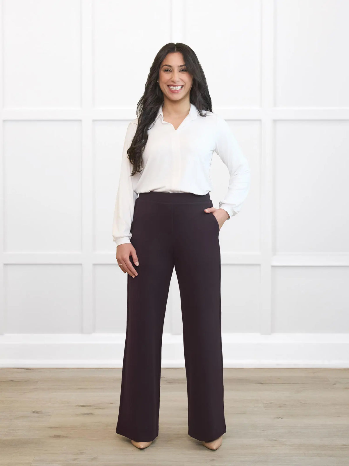 Kamaria wide leg ponte pant for women in Espresso on model Yasmine, size XS Petite @Yasmine-XS-petite