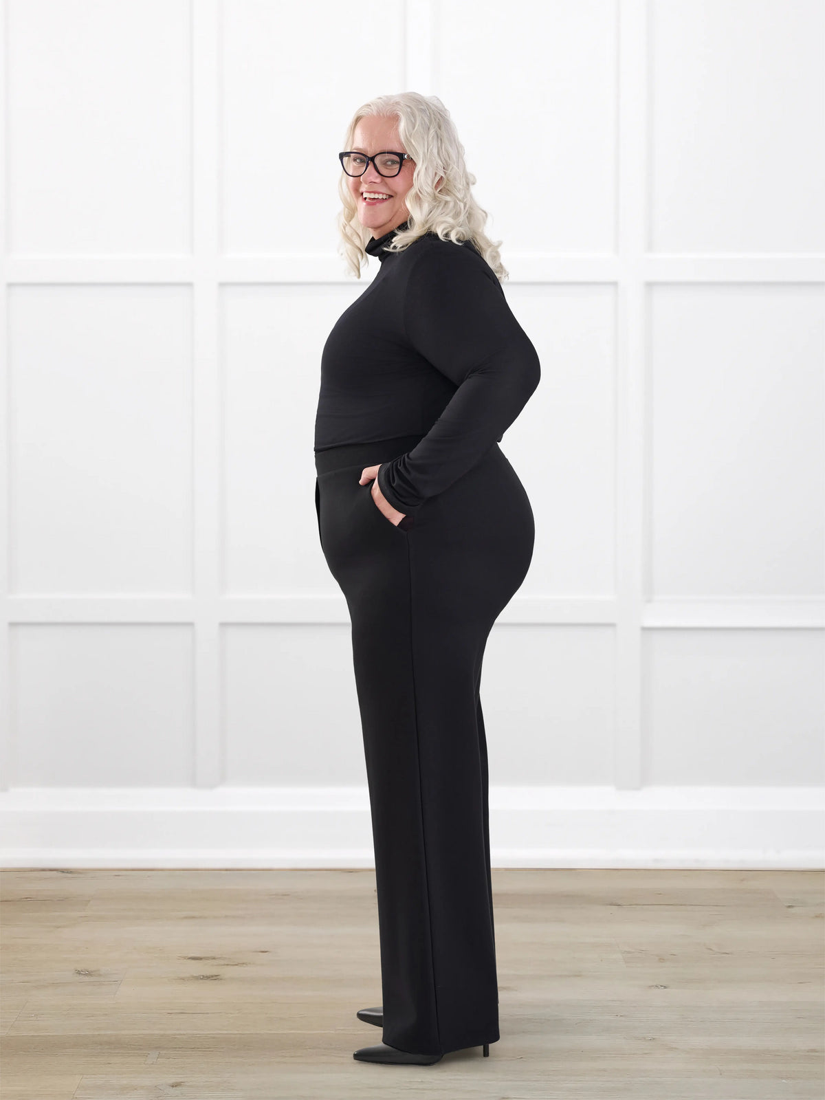 Kamaria wide leg ponte pant for women in Black on model Colleen, size XXL Petite @Colleen-XXL-petite