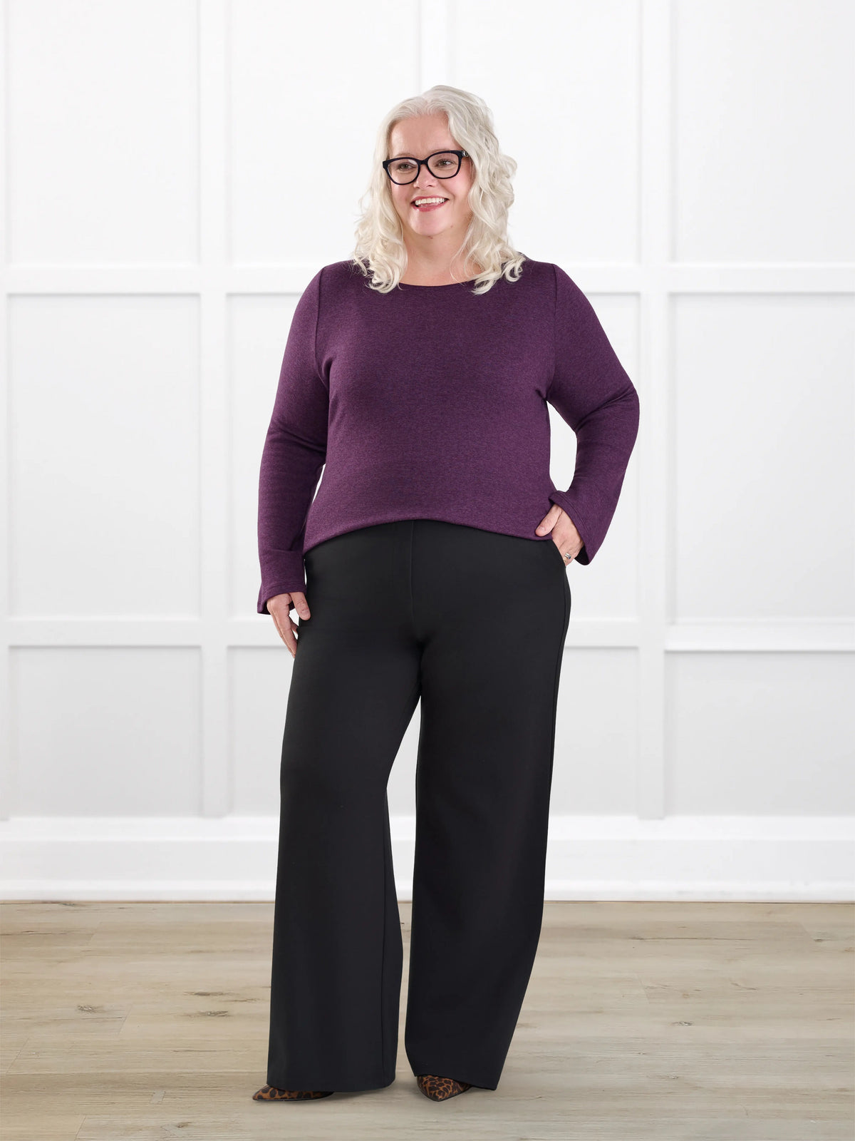Kamaria wide leg ponte pant for women in Black on model Colleen, size XXL Petite @Colleen-XXL-petite