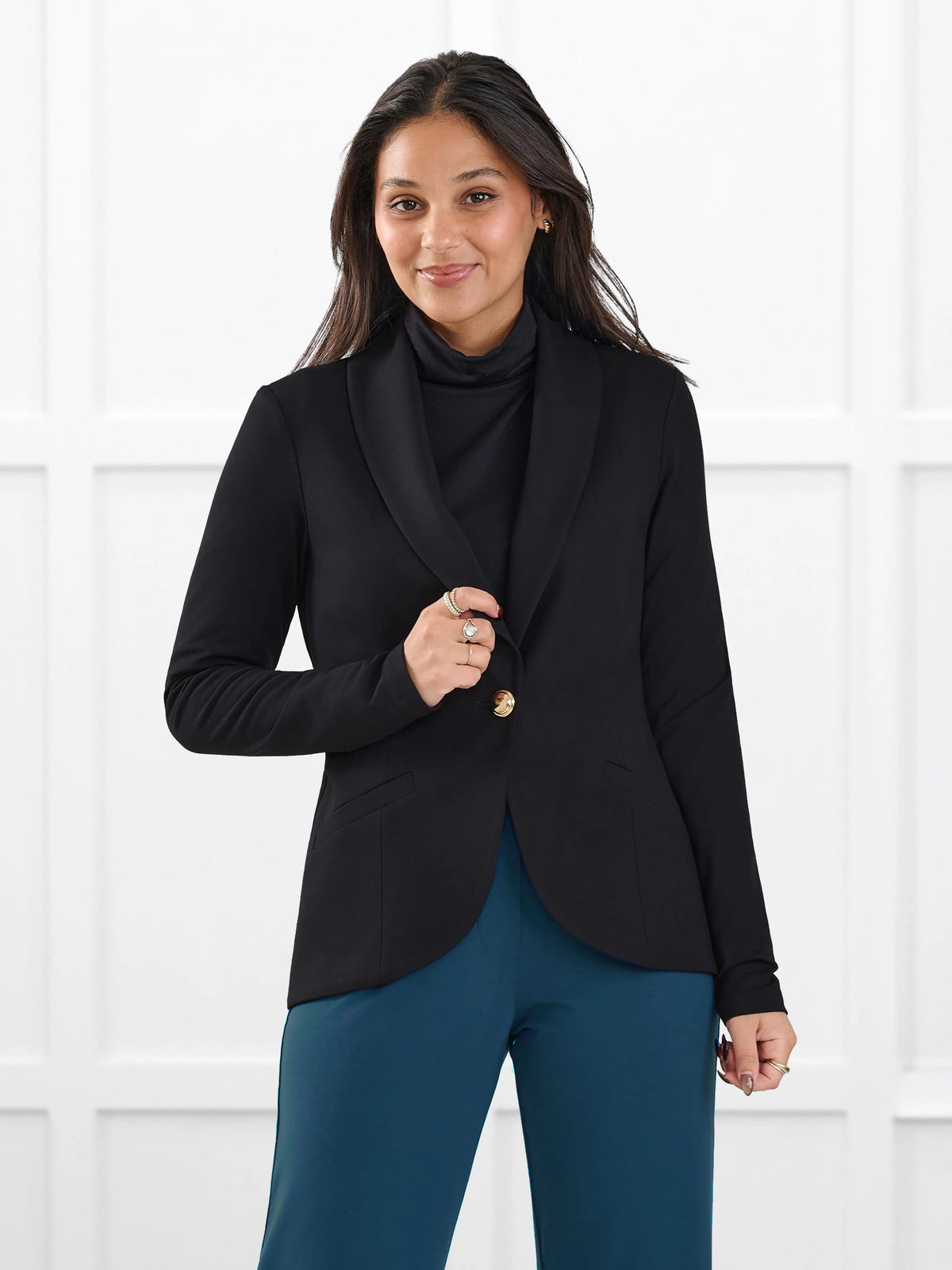 Kerry turtleneck top for women in Black on model Meron, size XS @Meron-XS