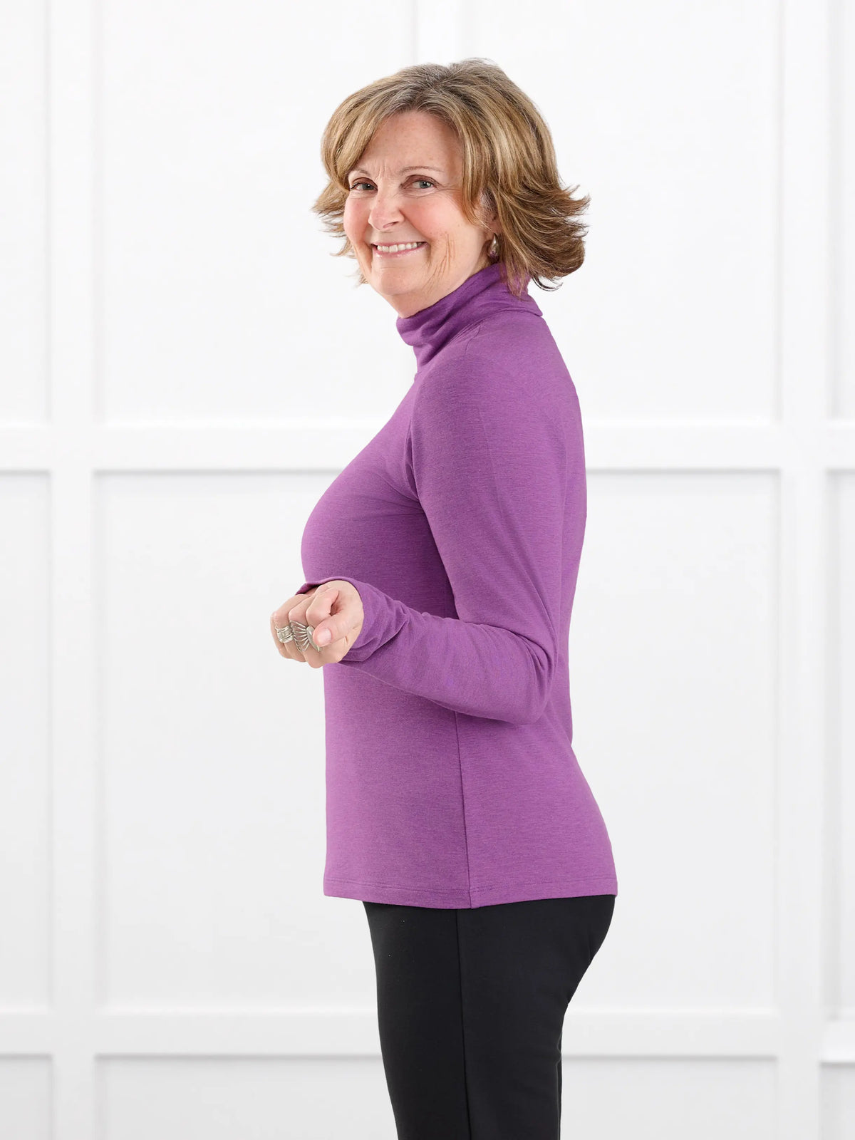 Kerry turtleneck top for women in Lupin melange on model Donna, size S @Donna-S