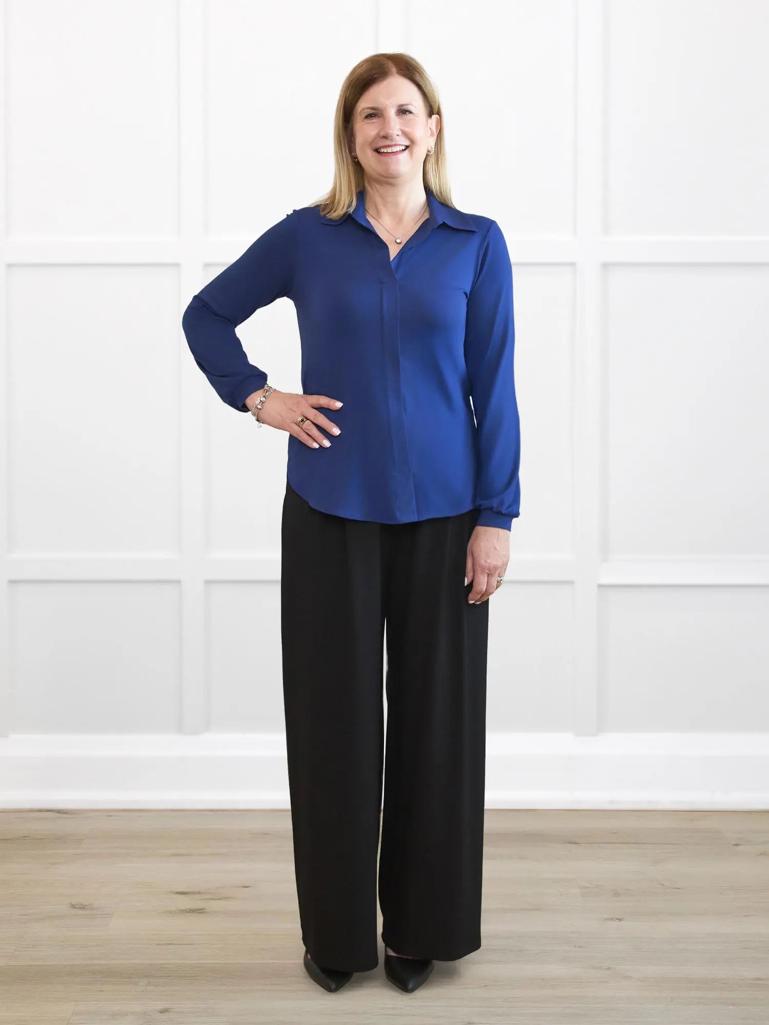 Kiya high waisted wide leg pleated pant for women 00 in Black on model Natasha, size S Regular @Natasha-S-regular