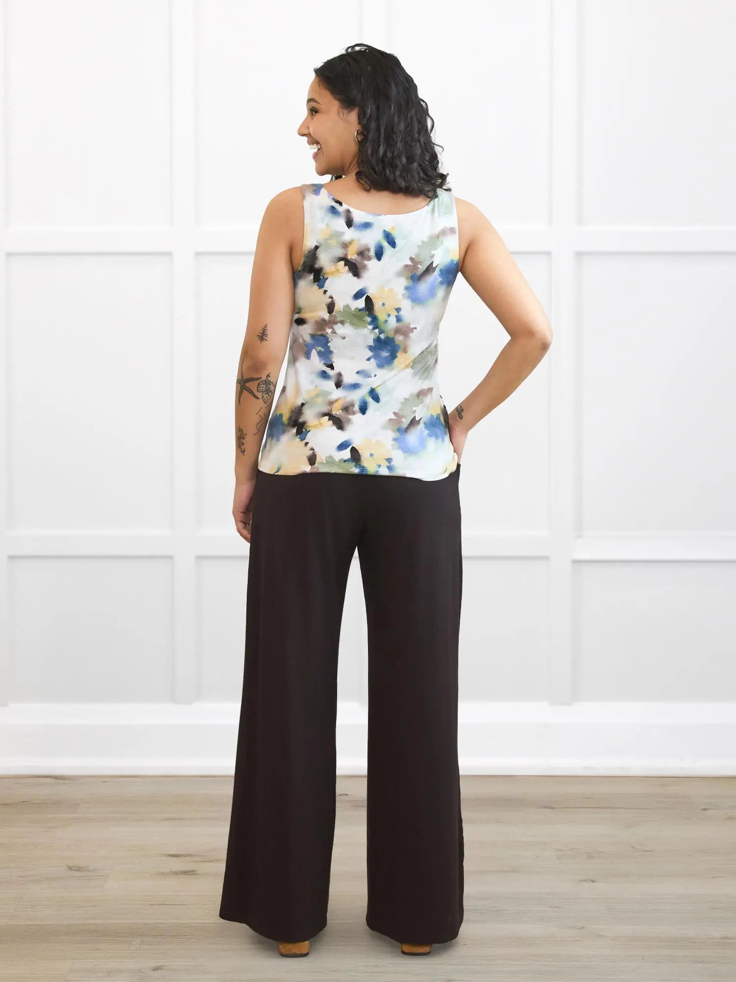 Kiya high waisted wide leg pleated pant for women 00 in Dark chocolate on model Meron, size XS Regular @Meron-XS-regular