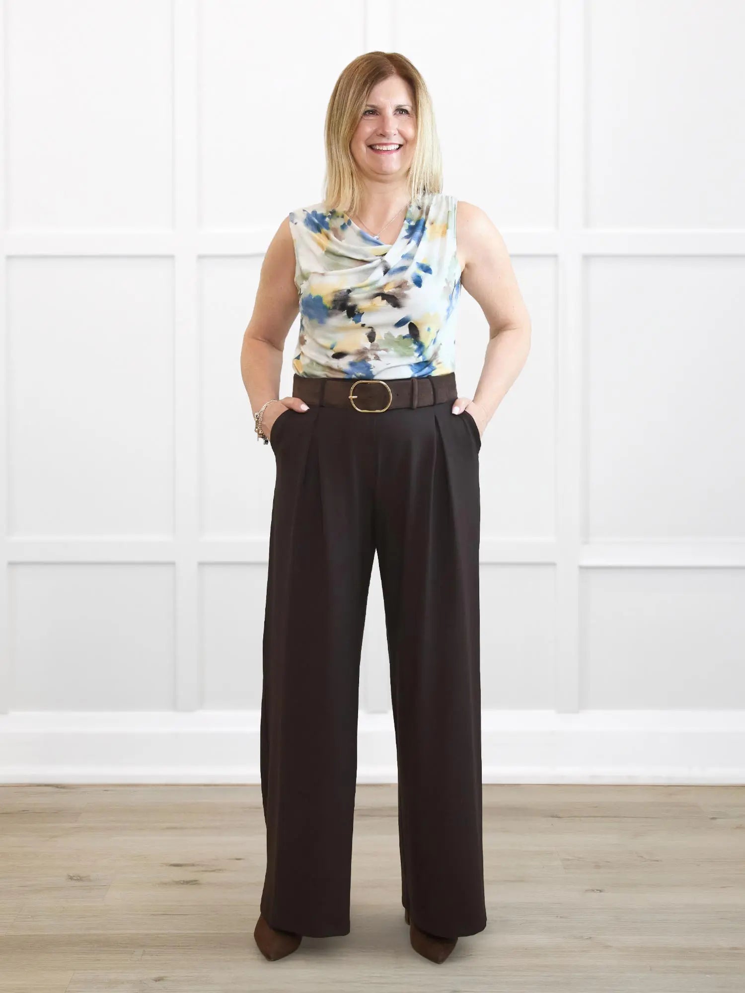 Kiya high waisted wide leg pleated pant for women 00 in Dark chocolate on model Natasha, size S Regular @Natasha-S-regular