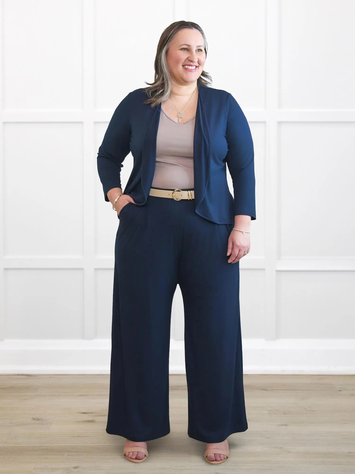 Kiya high waisted wide leg pleated pant for women in Navy on model Cristina, size XXL Regular @Cristina-XXL-petite