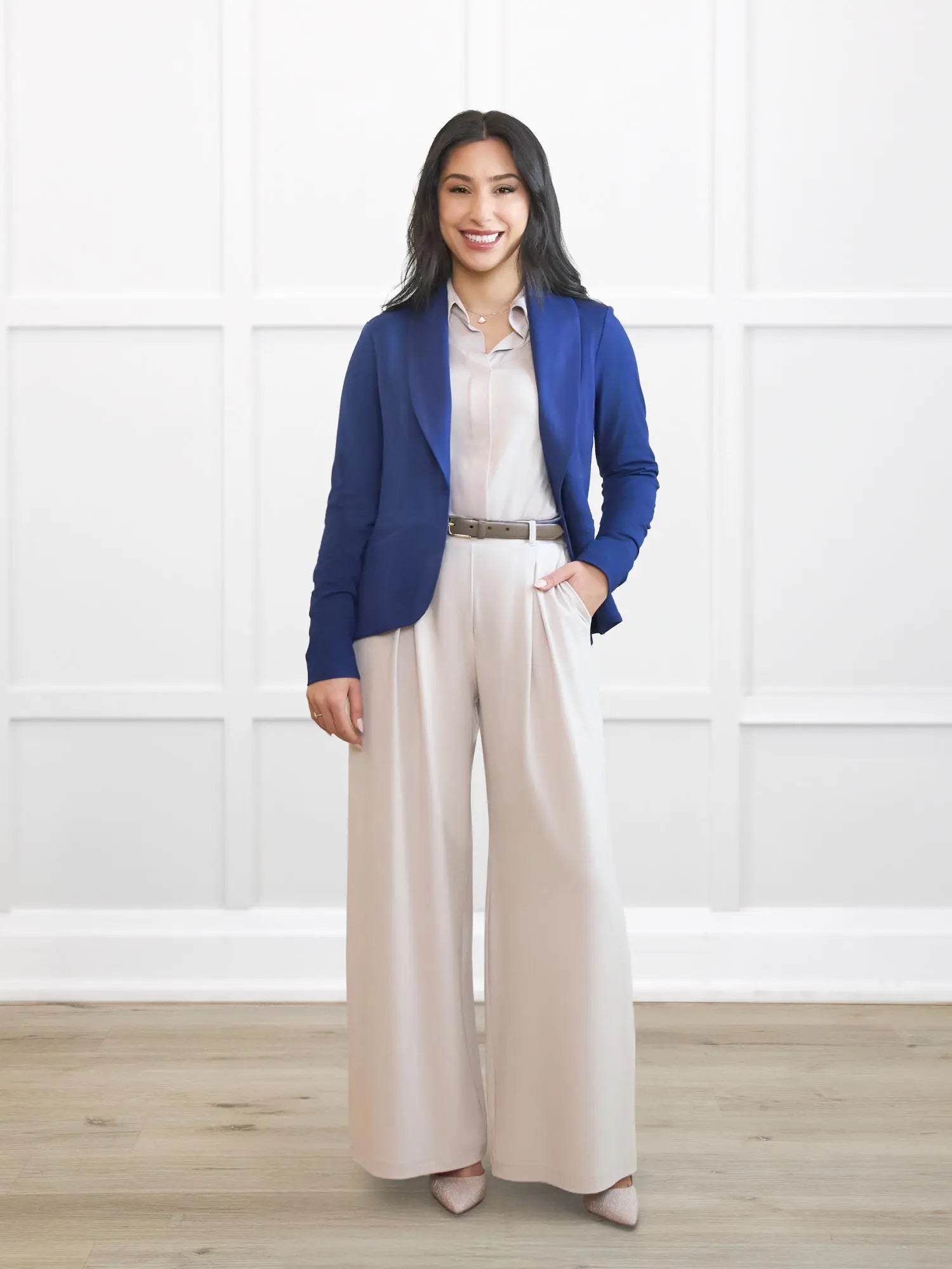 Kiya high waisted wide leg pleated pant for women in Sandstone on model Yasmine, size XS Petite @Yasmine-XS-petite