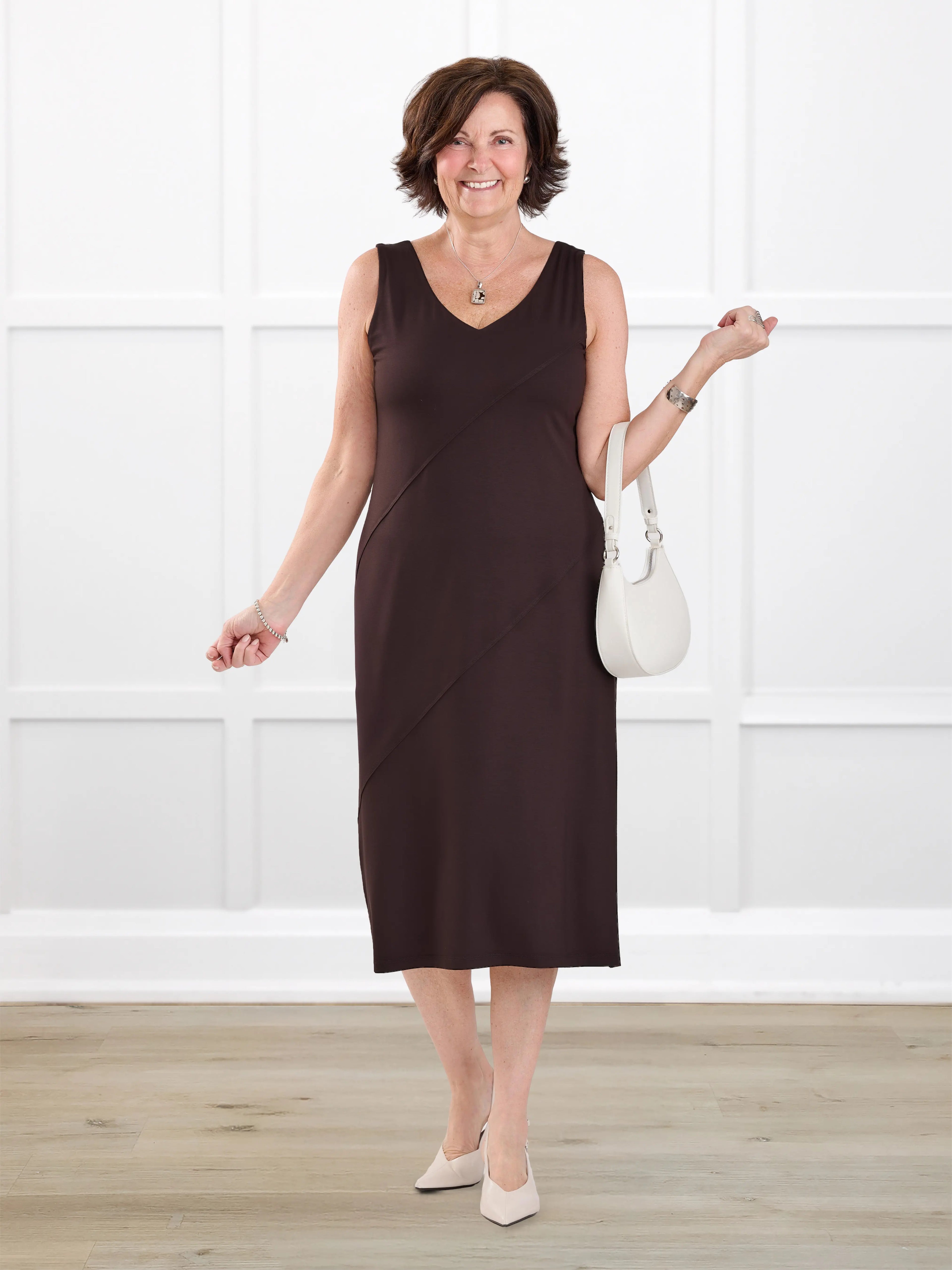 Korbin reversible neckline shelf bra midi dress for women in Dark chocolate on model Donna, size S @Donna-S