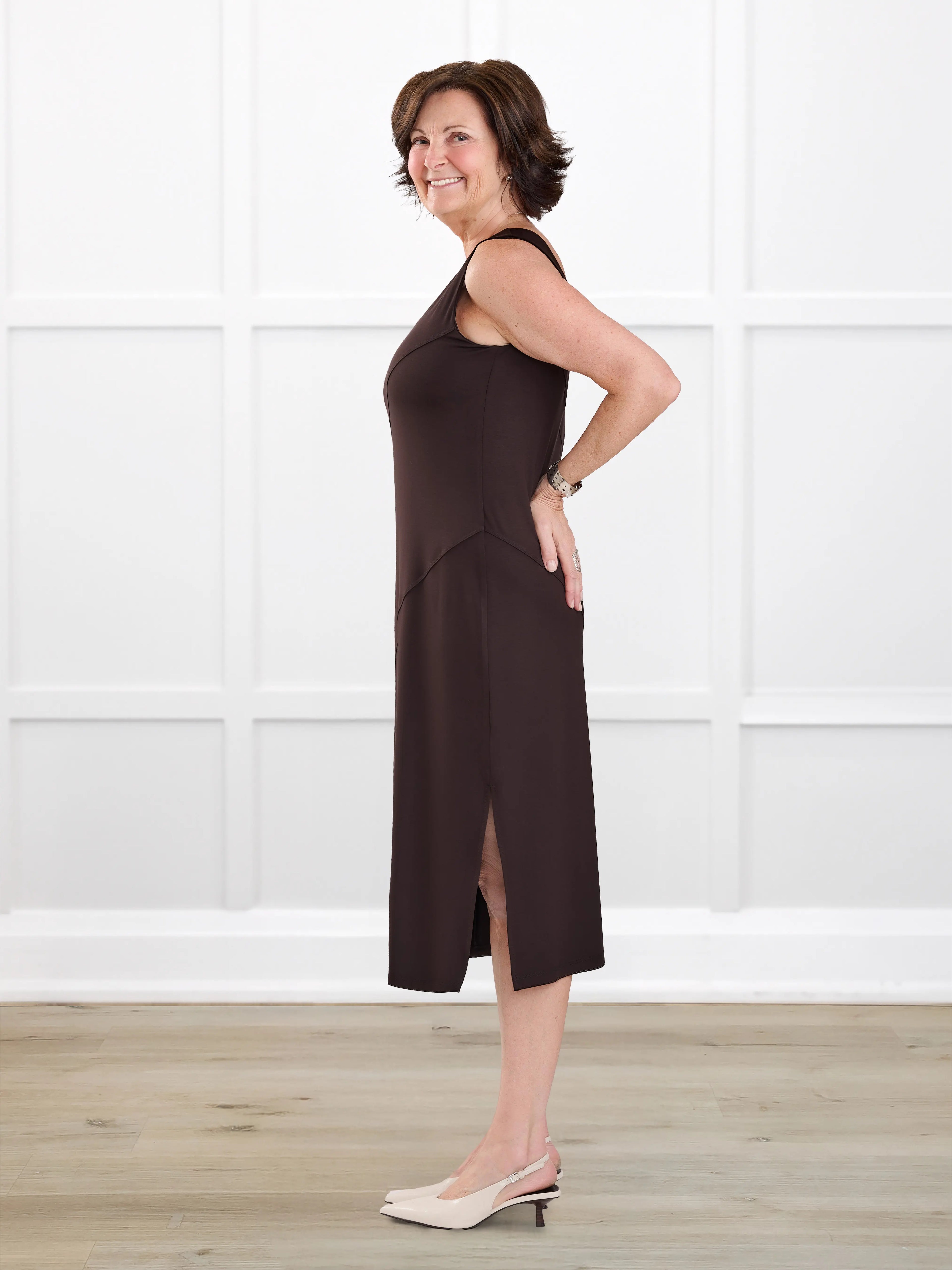 Korbin reversible neckline shelf bra midi dress for women in Dark chocolate on model Donna, size S @Donna-S