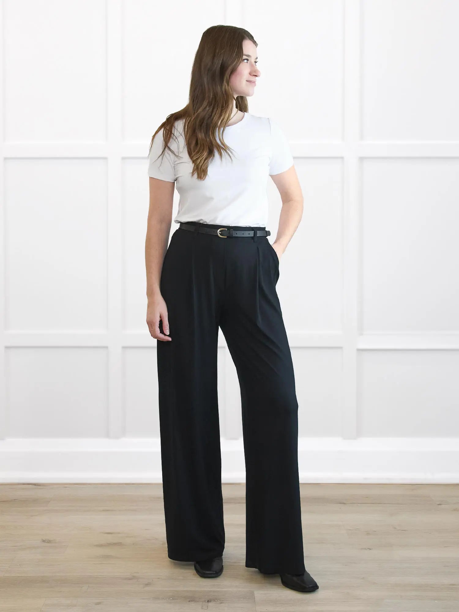 Lara high waisted wide leg pleated pant for women in Black on model Bethany, size S Long @Bethany-S-long