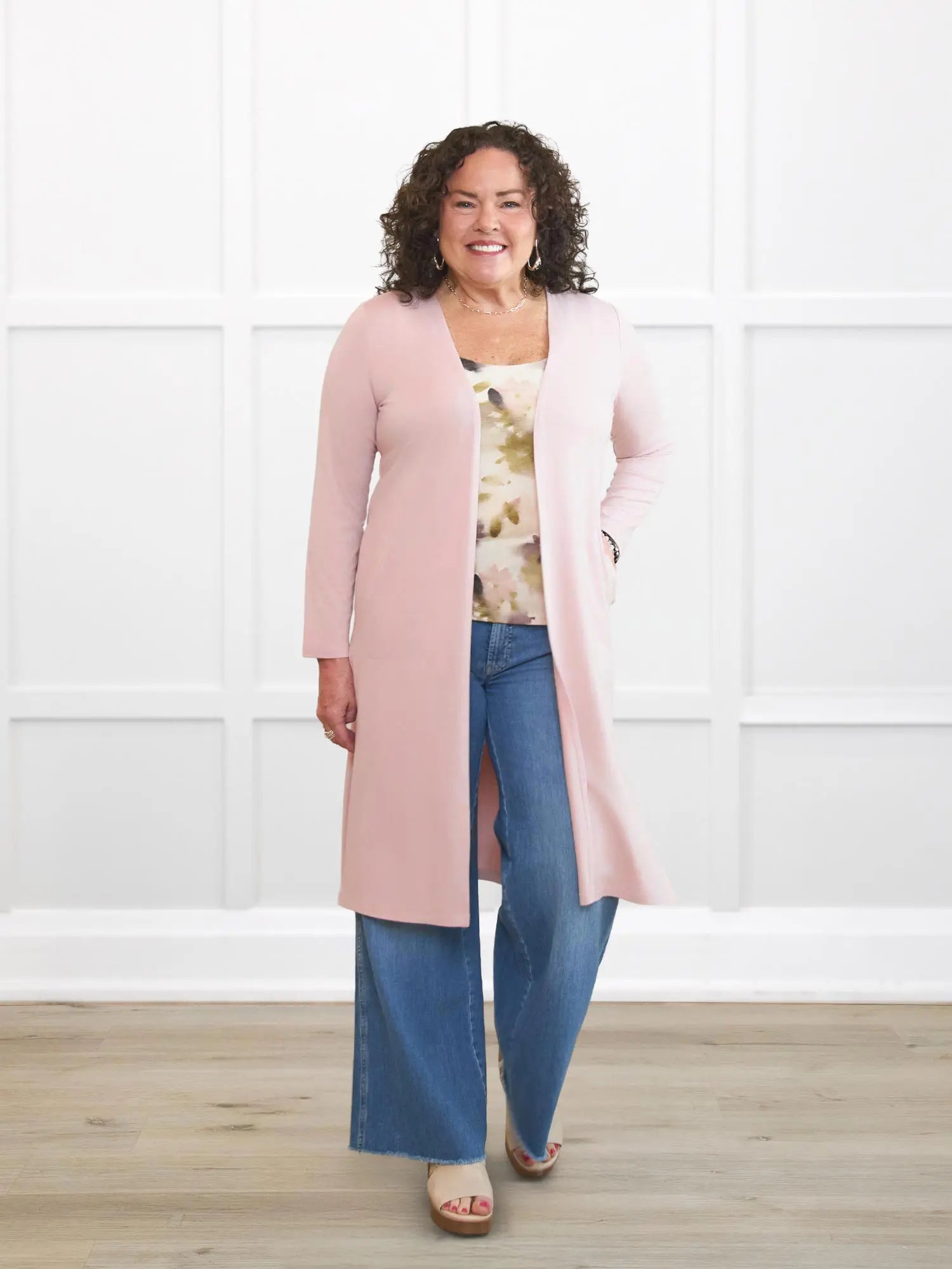 Larissa duster cardigan with pockets for women in Ballet pink on model Kerri, size M Petite @Kerri-M-petite