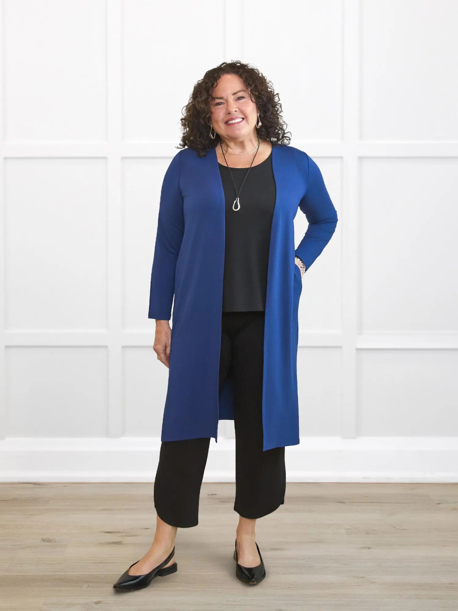 Larissa duster cardigan with pockets for women in Marine blue on model Kerri, size M Petite @Kerri-M-petite