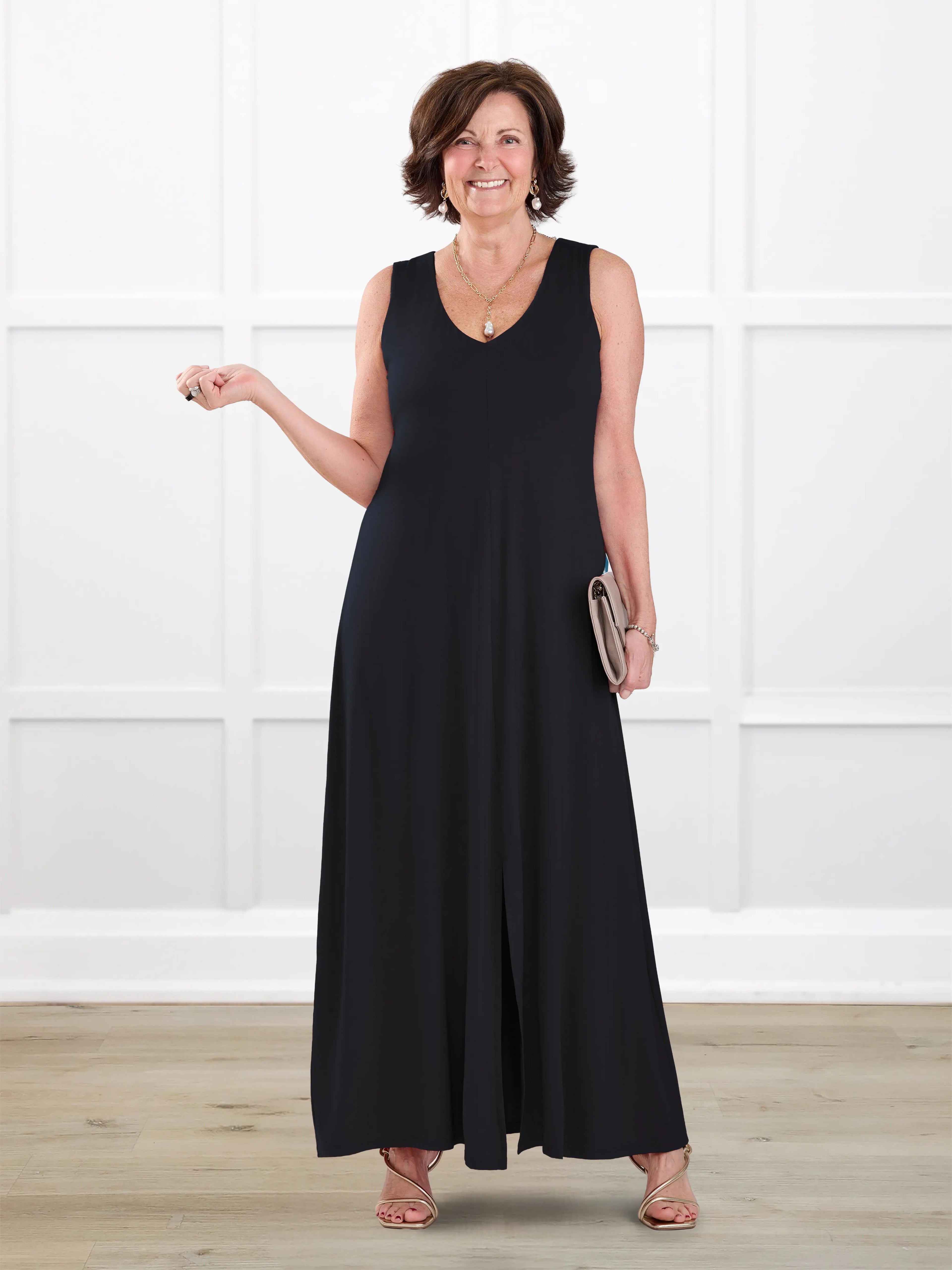 Laurice sleeveless v neck maxi dress for women in Black on model Donna, size S @Donna-S