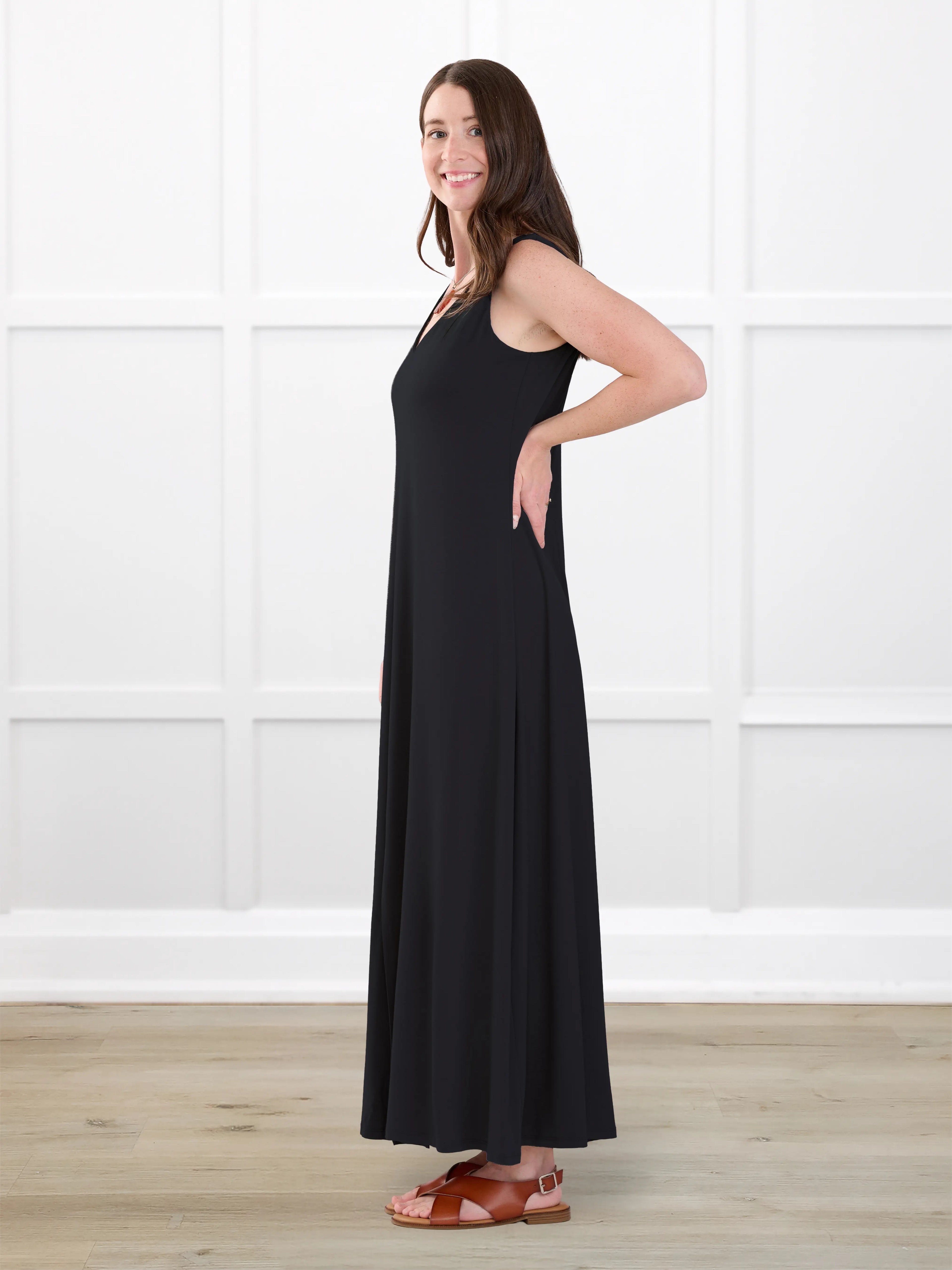 Laurice sleeveless v neck maxi dress for women in Black on model Jo, size XS @Jo-XS