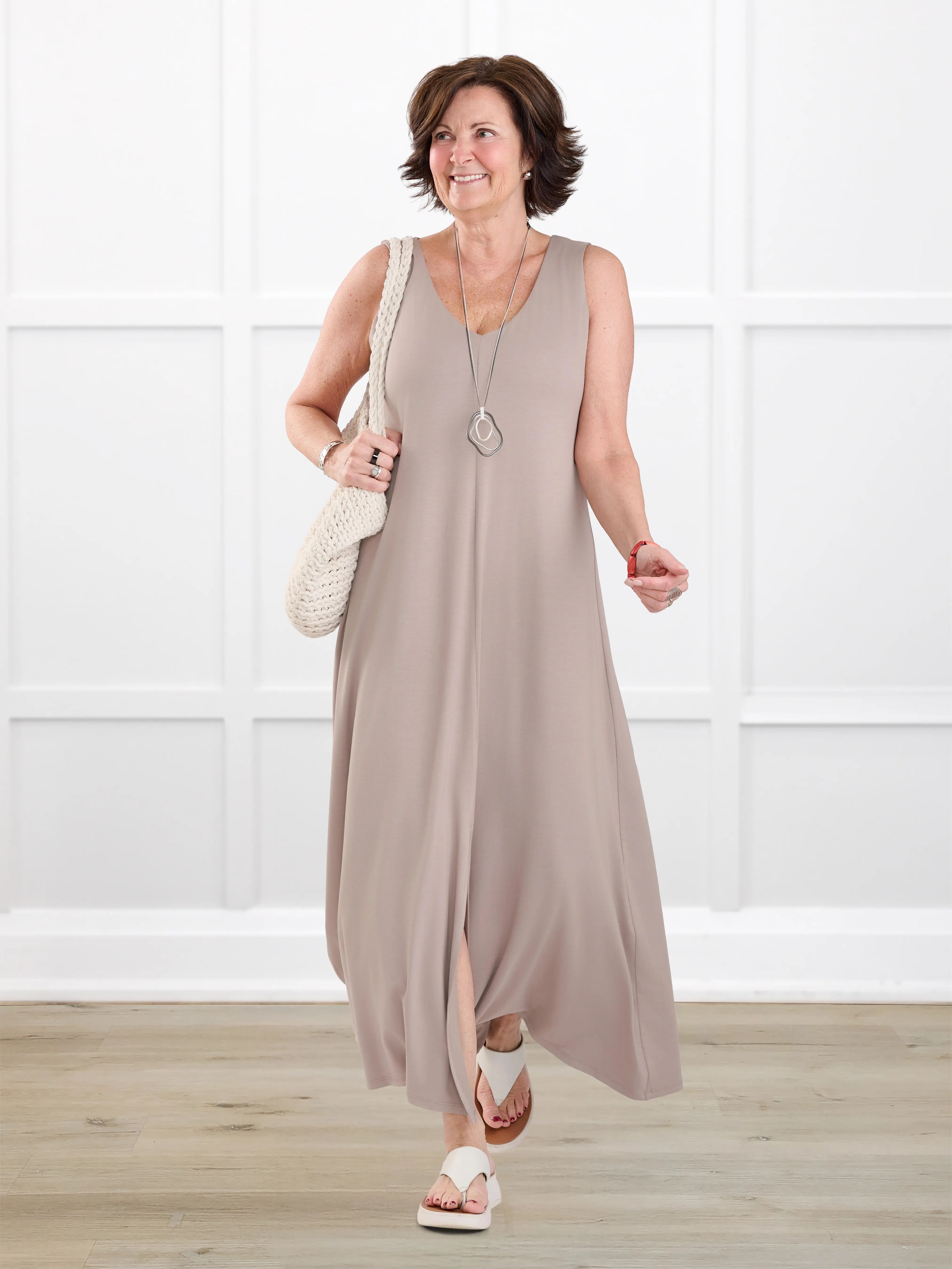 Laurice sleeveless v neck maxi dress for women in Portobello on model Donna, size S @Donna-S