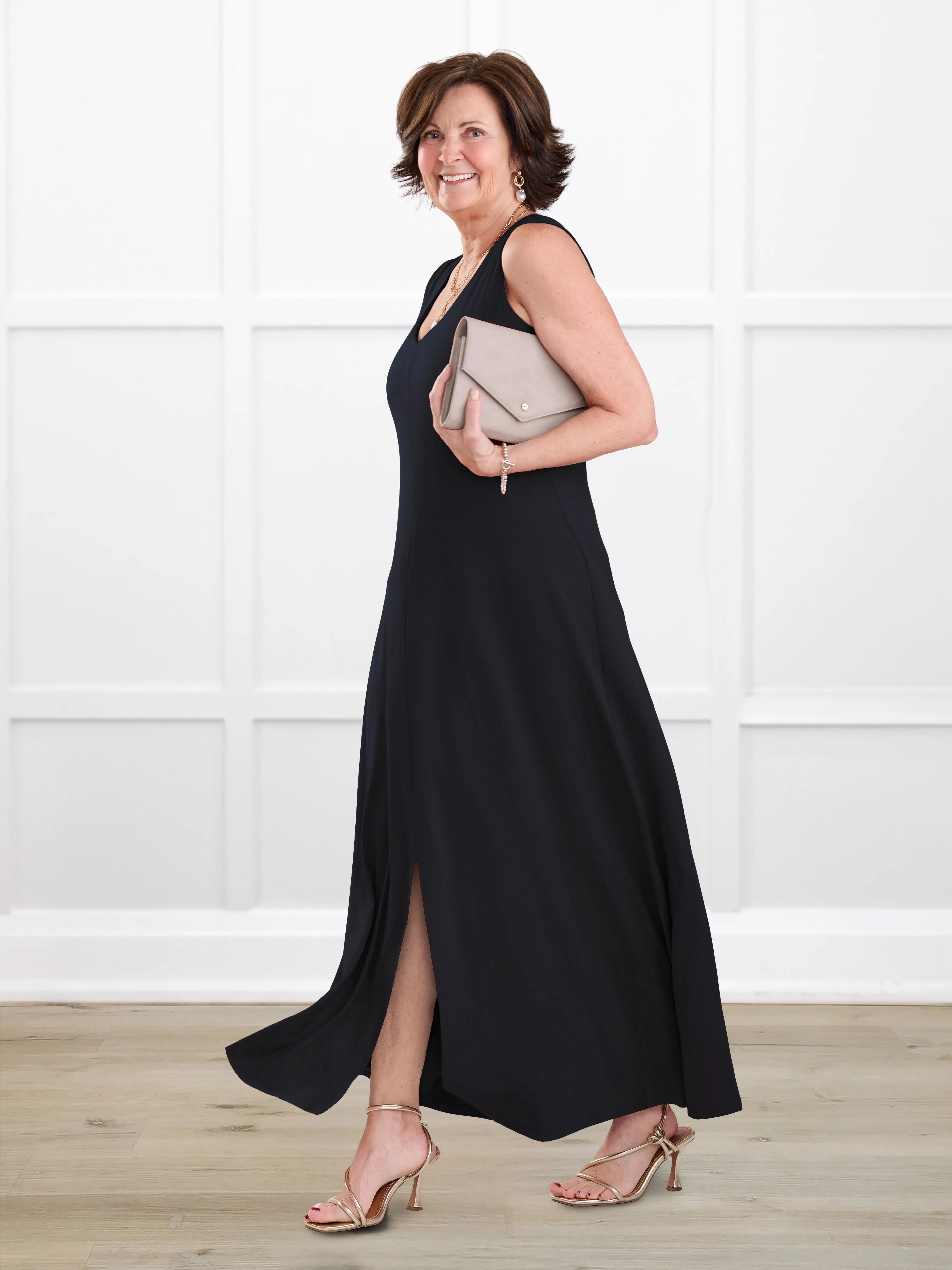 Laurice sleeveless v neck maxi dress for women in Black on model Donna, size S @Donna-S