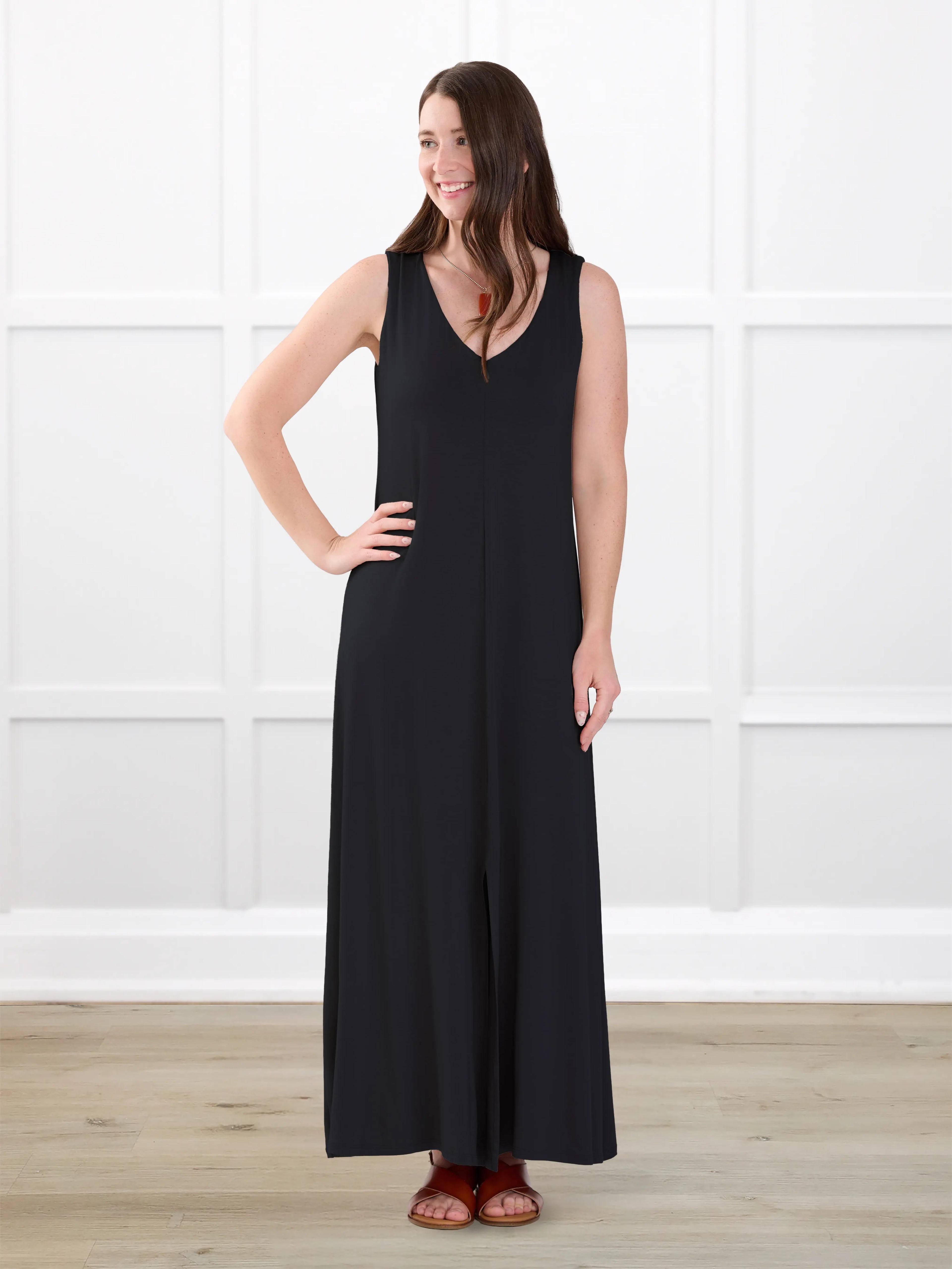 Laurice sleeveless v neck maxi dress for women in Black on model Jo, size XS @Jo-XS