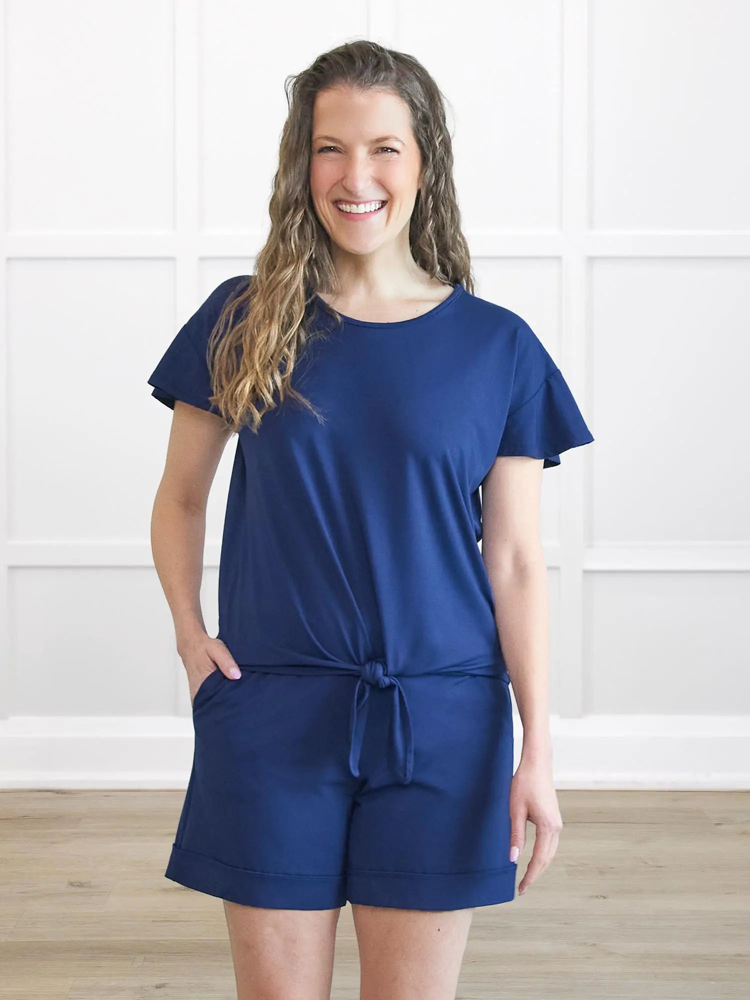 Leland everyday dressy short for women in Marine blue on model Lex, size XS @Lex-XS