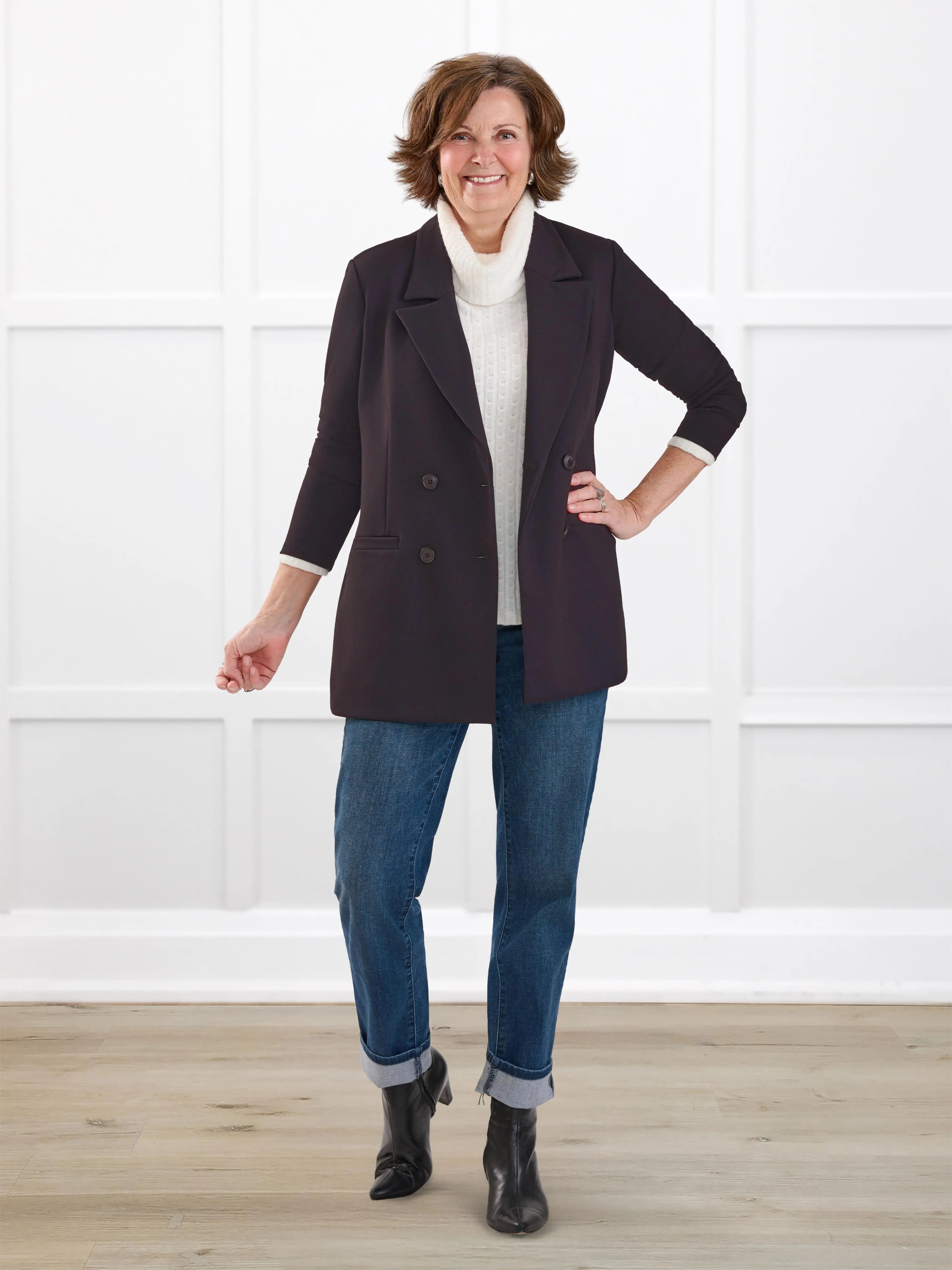 Lesley relaxed tailored ponte jacket for women in Espresso on model Donna, size S @Donna-S