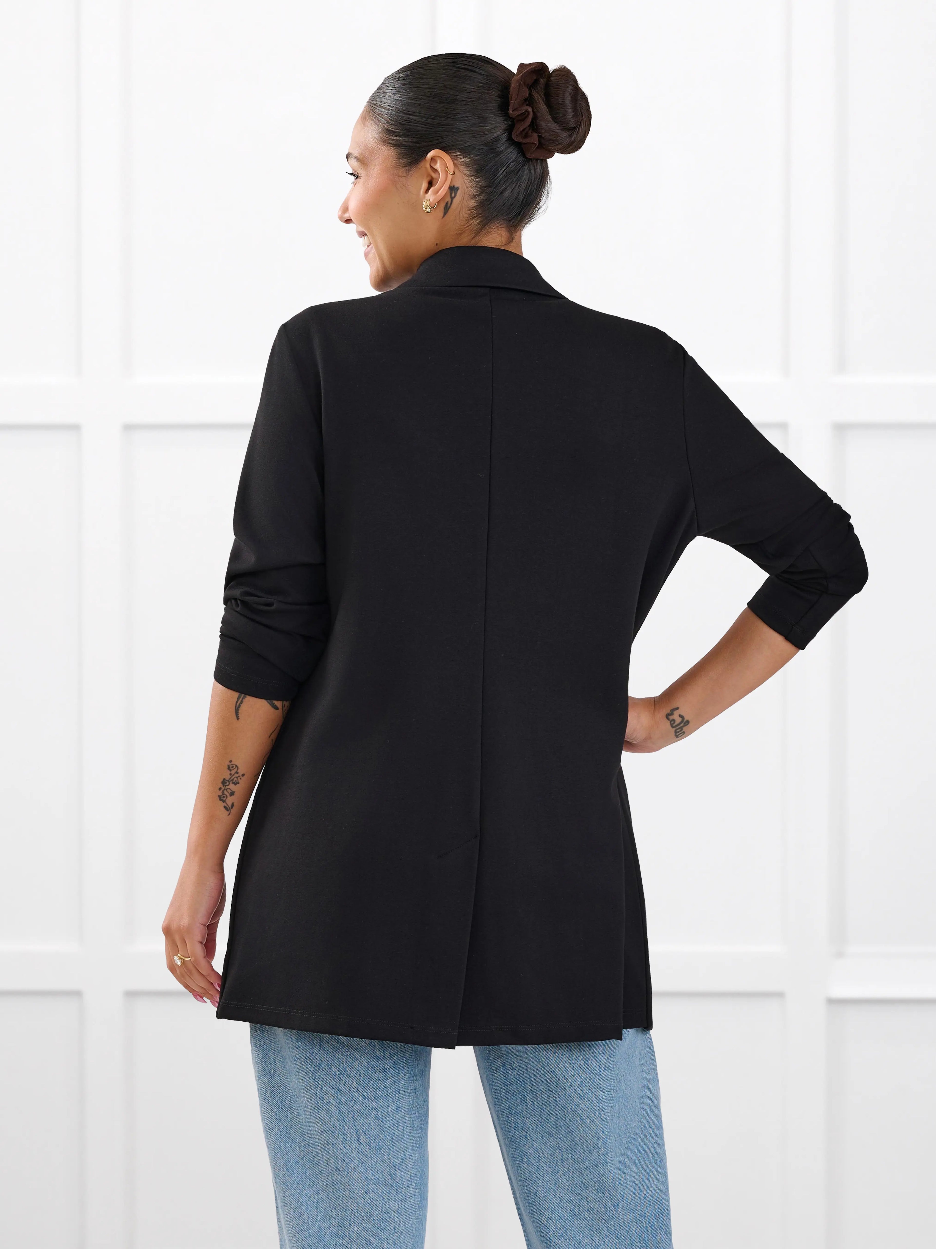 Lesley relaxed tailored ponte jacket for women in Black on model Meron, size S @Meron-S