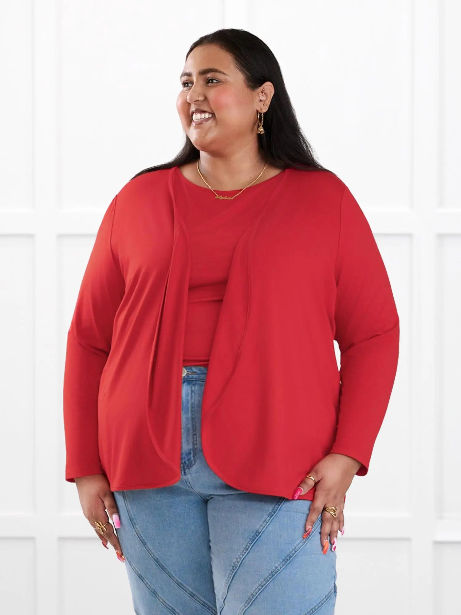 Lilah waterfall cardigan with pockets for women in Chili on model Sureka, size 3X @Sureka-3X
