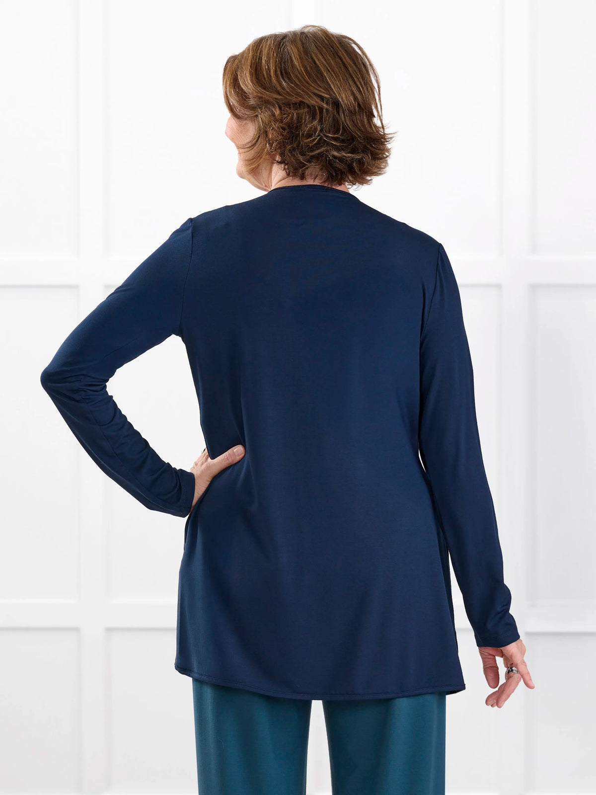 Lilah waterfall cardigan with pockets for women in Navy on model Donna, size S Regular @Donna-S-regular