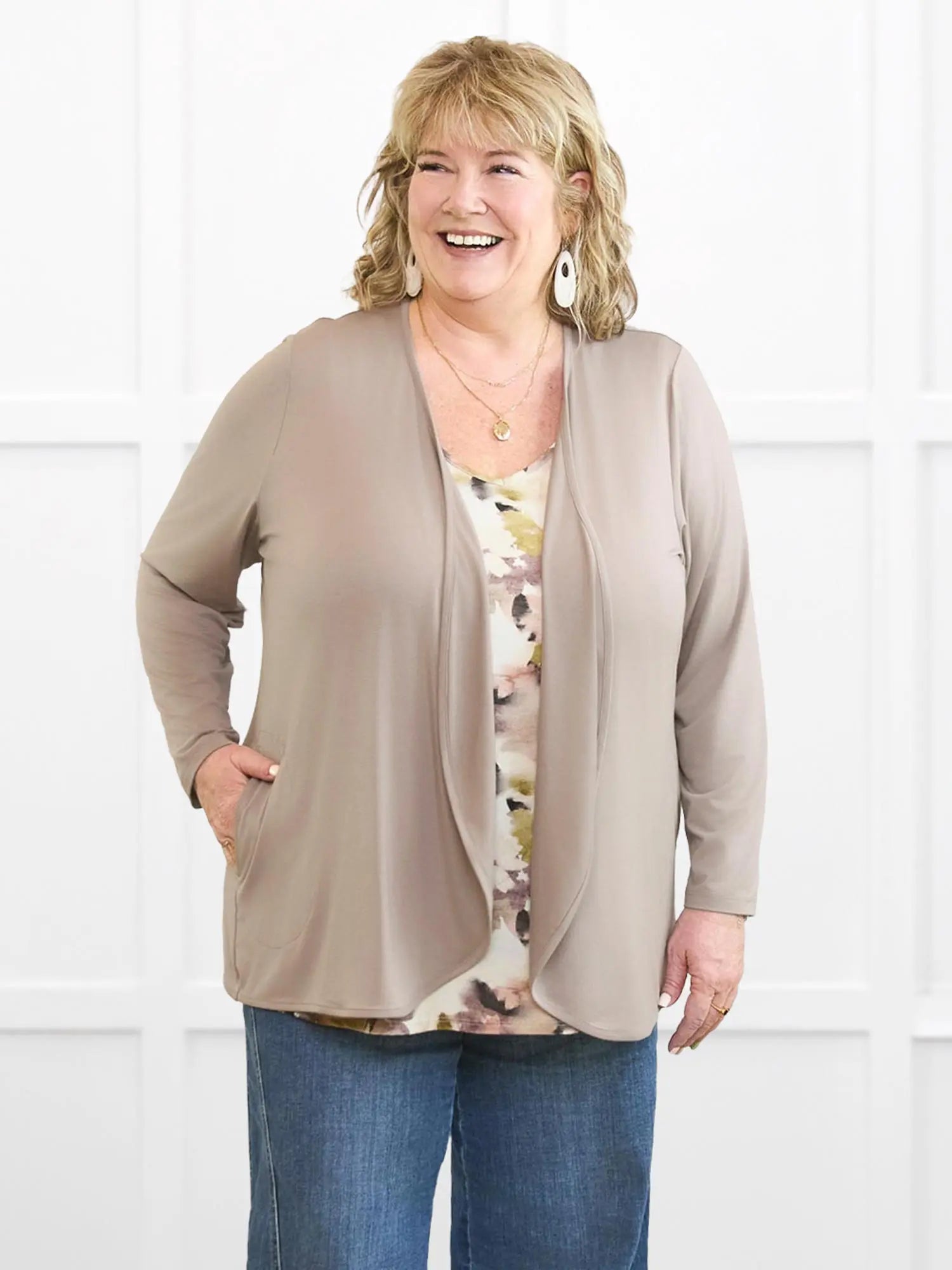 Lilah waterfall cardigan with pockets for women in Portobello on model Kelly, size 3X @Kelly-3X