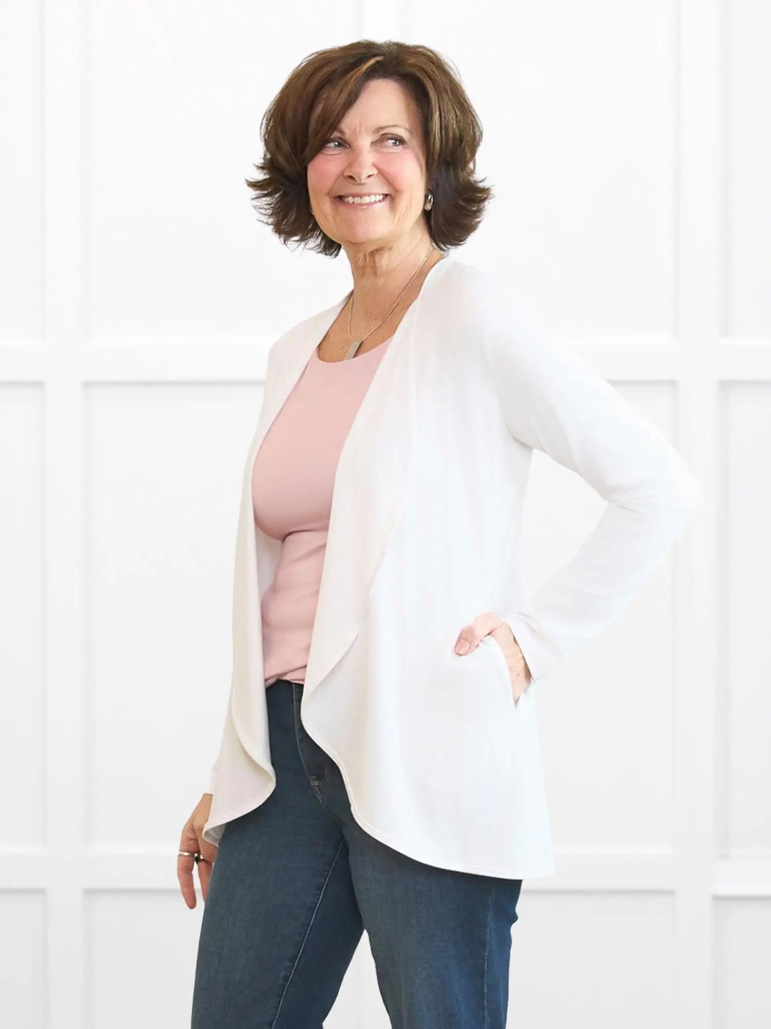 Lilah waterfall cardigan with pockets for women in White on model Donna, size S Regular @Donna-S-regular