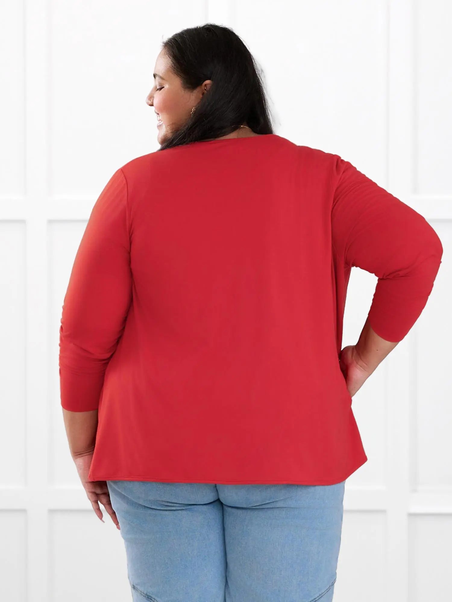 Lilah waterfall cardigan with pockets for women in Chili on model Sureka, size 3X @Sureka-3X