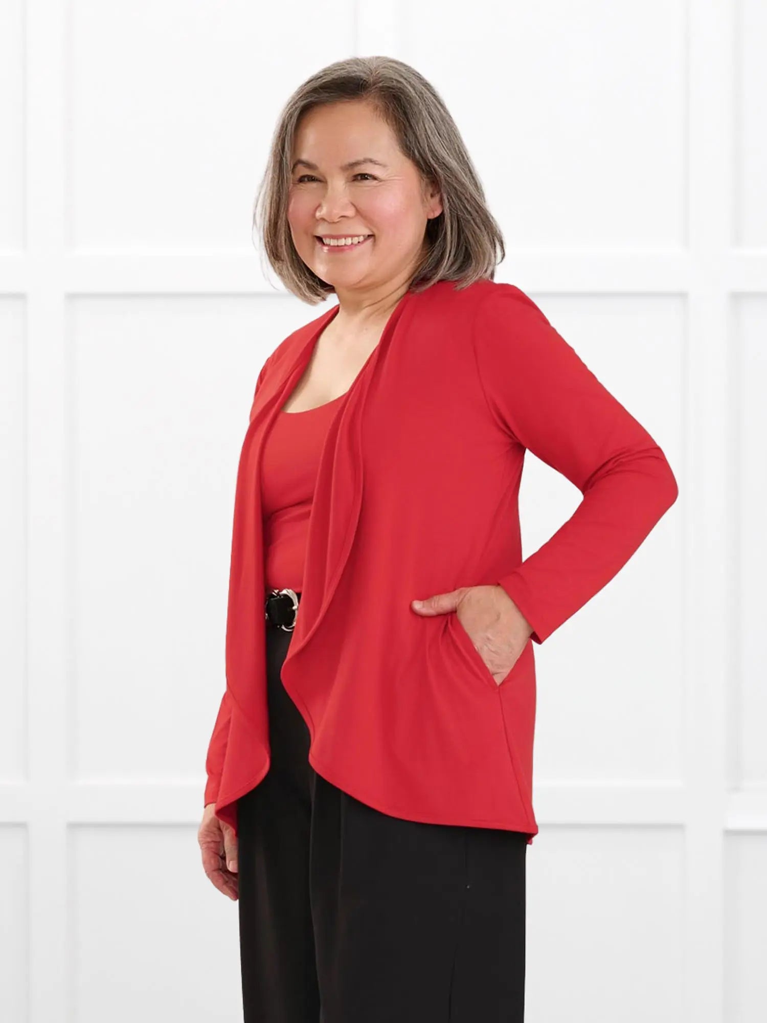 Lilah waterfall cardigan with pockets for women in Chili on model Terry, size S Petite @Terry-S-petite