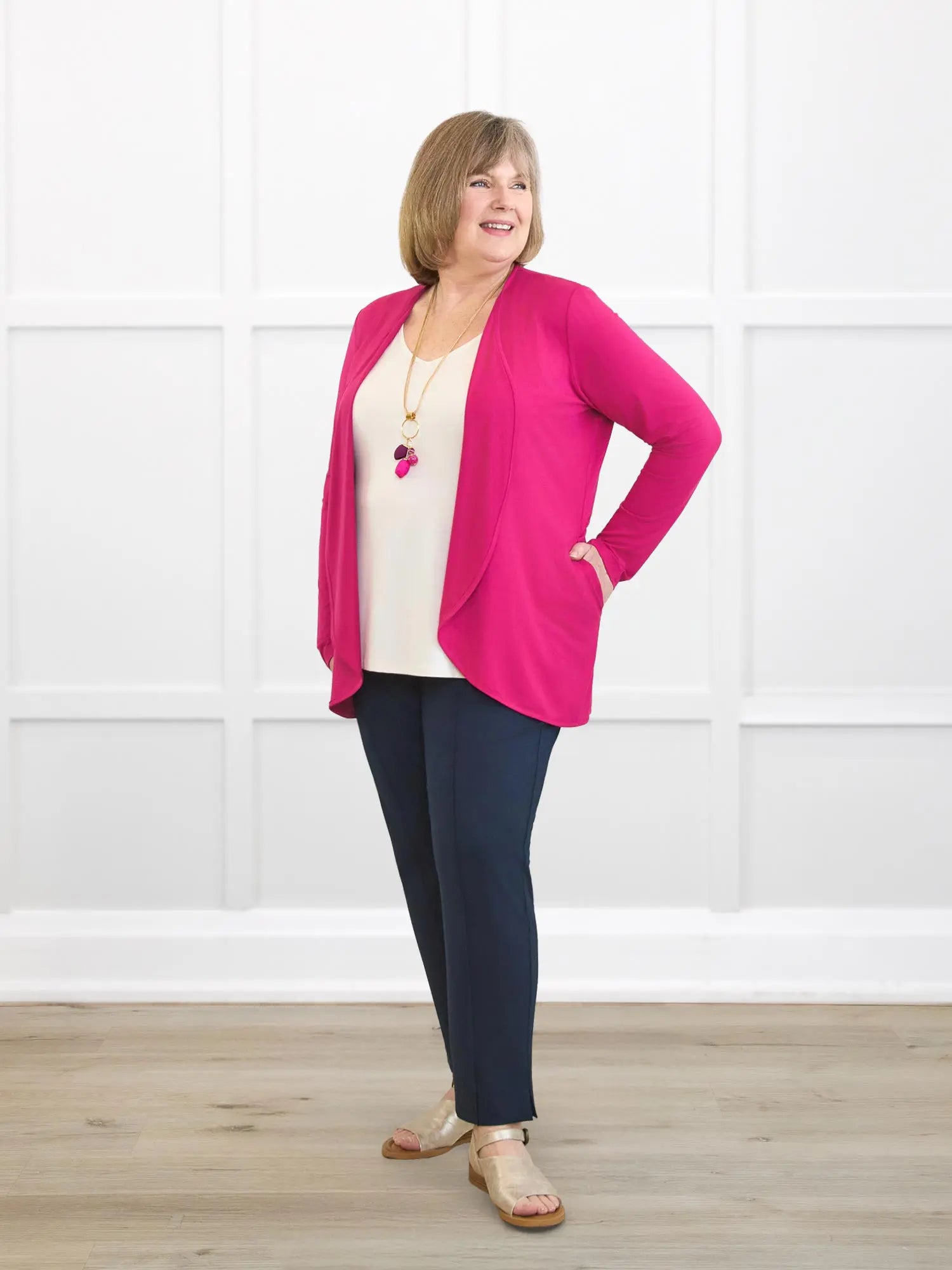 Lilah waterfall cardigan with pockets for women in Dragon fruit on model Laurie, size XL Regular @Laurie-XL-regular