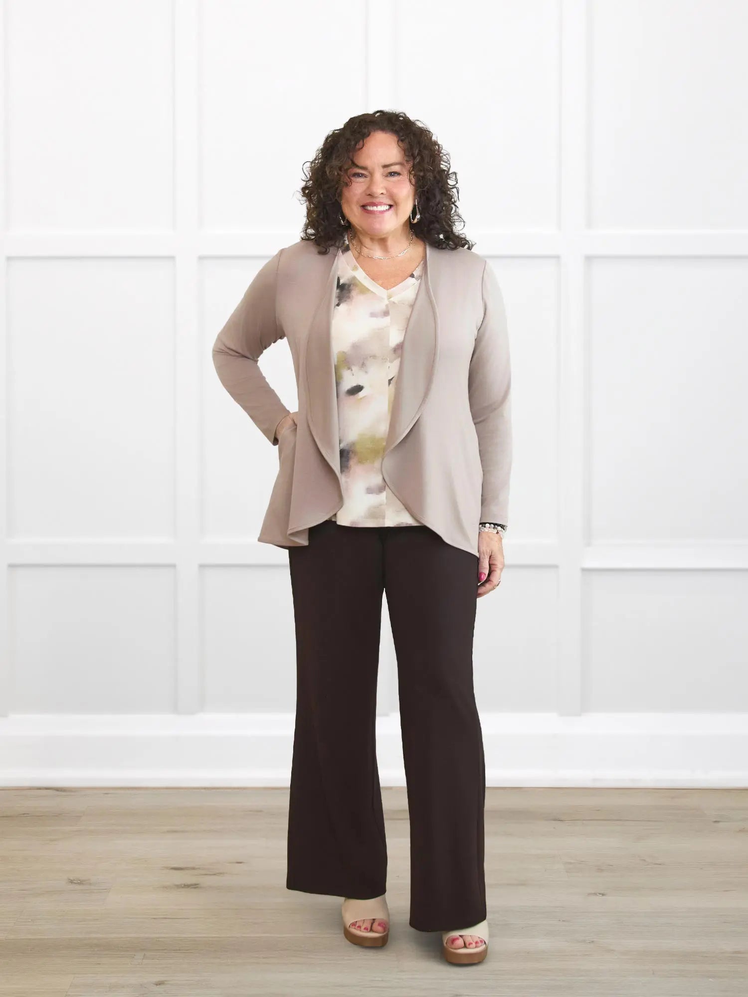 Lilah waterfall cardigan with pockets for women in Portobello on model Kerri, size M Petite @Kerri-M-petite