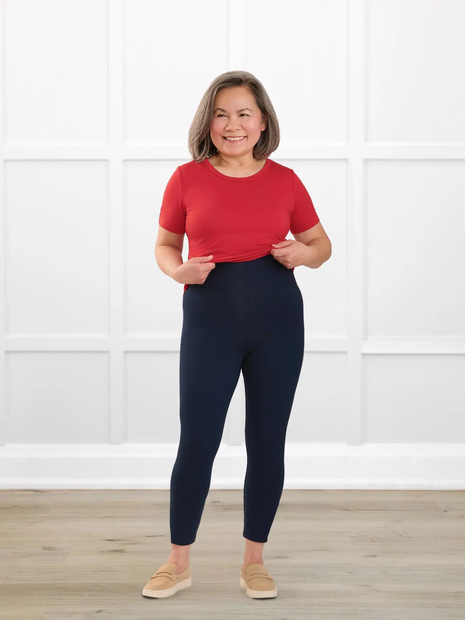 Lisa2 high waisted capri legging for women in Navy on model Terry, size S @Terry-S